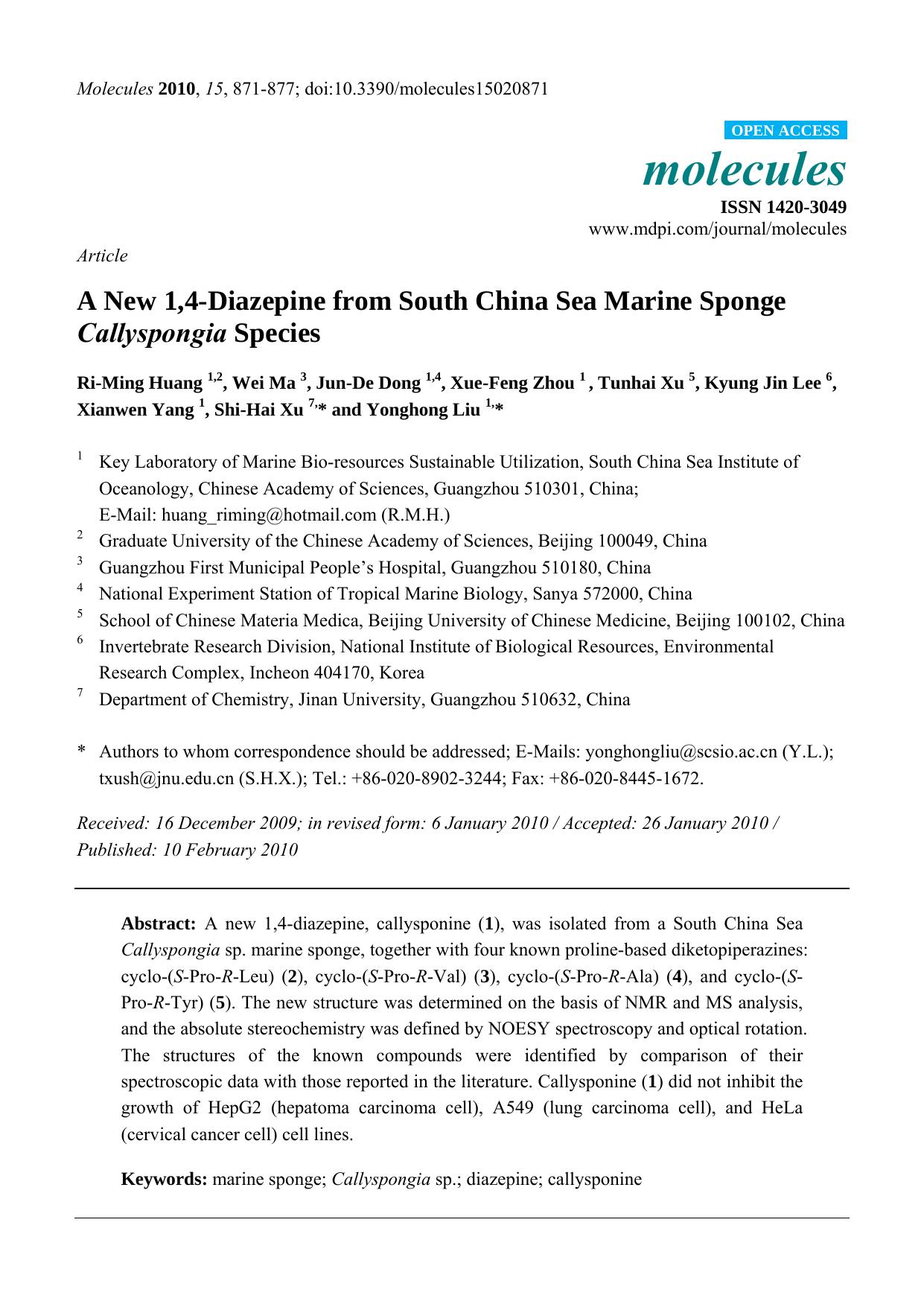 A New 1,4-Diazepine from South China Sea Marine Sponge Callyspongia Species by unknow