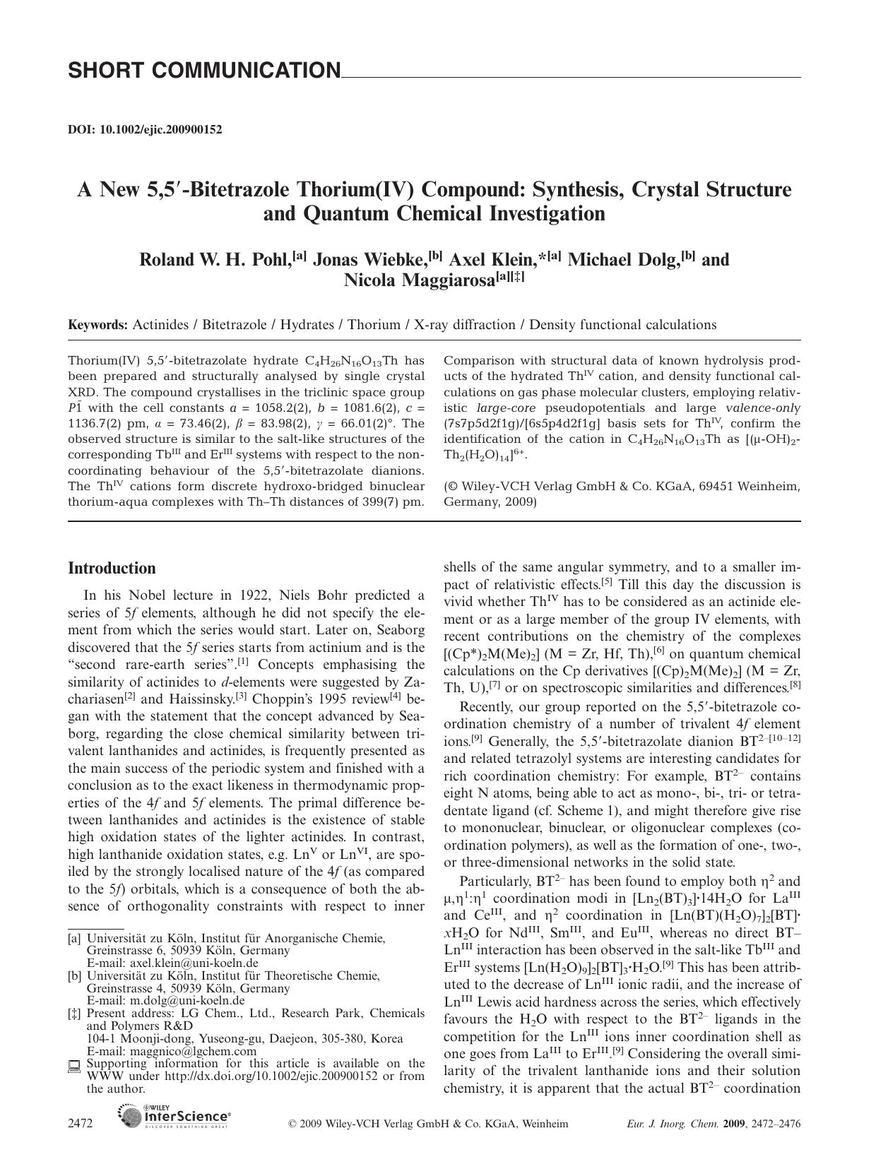 A New 5,5[prime]-Bitetrazole Thorium(IV) Compound: Synthesis, Crystal Structure and Quantum Chemical Investigation by Unknown