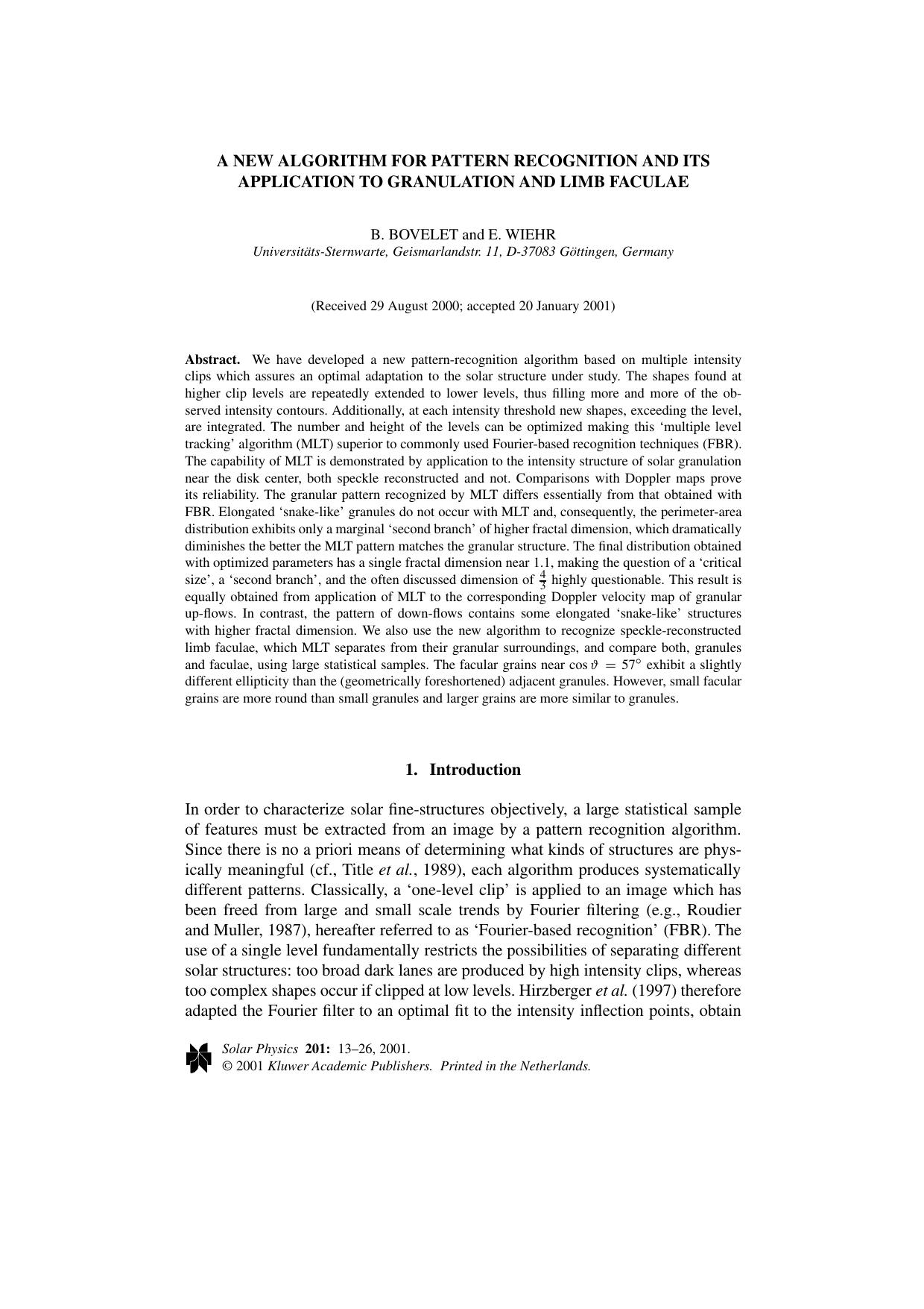 A New Algorithm for Pattern Recognition and its Application to Granulation and Limb Faculae by Unknown