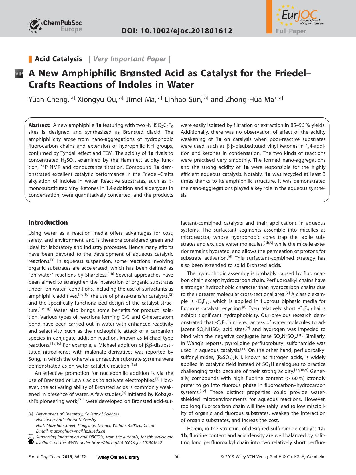 A New Amphiphilic Brønsted Acid as Catalyst for the Friedel–Crafts Reactions of Indoles in Water by Unknown
