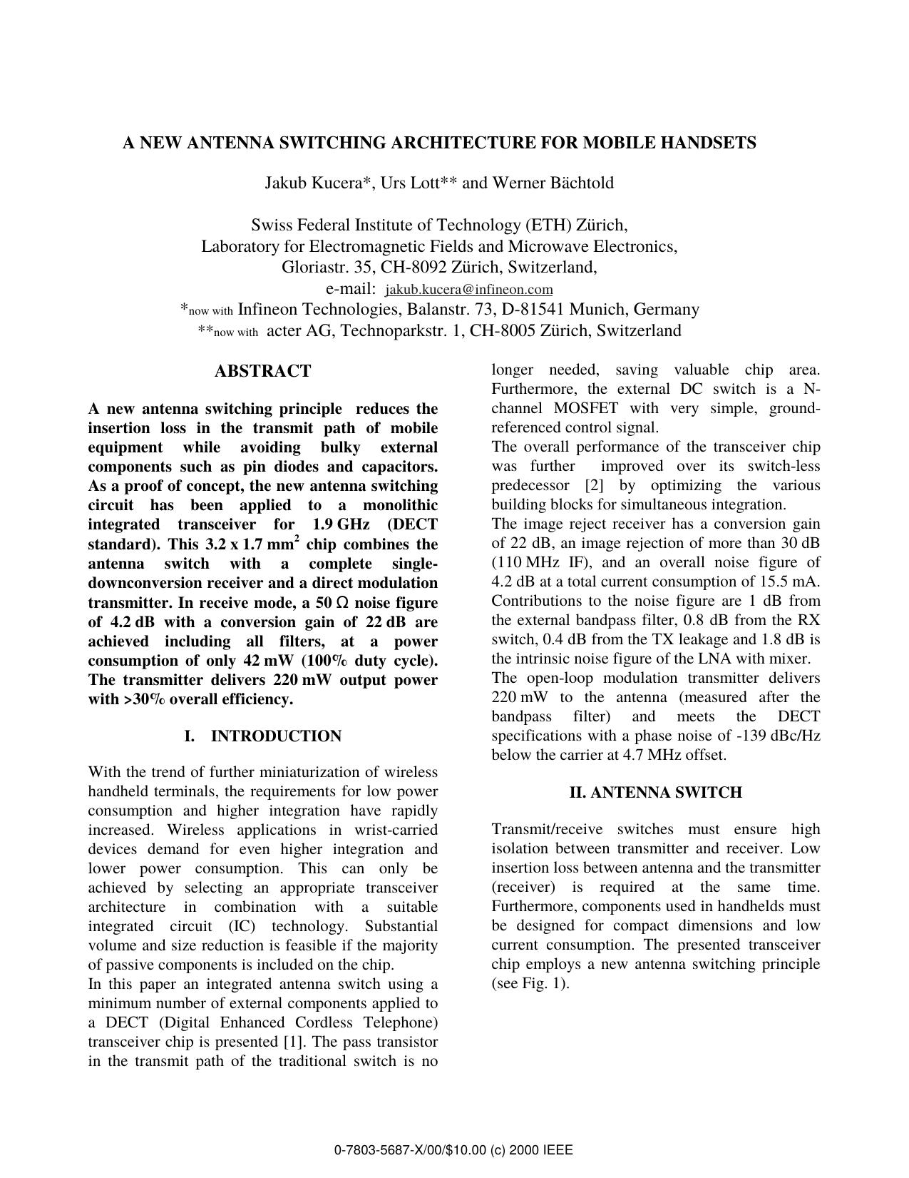 A New Antenna Switching Architecture for Mobile Handsets by J. Kucera U. Lott & W. Bächtold