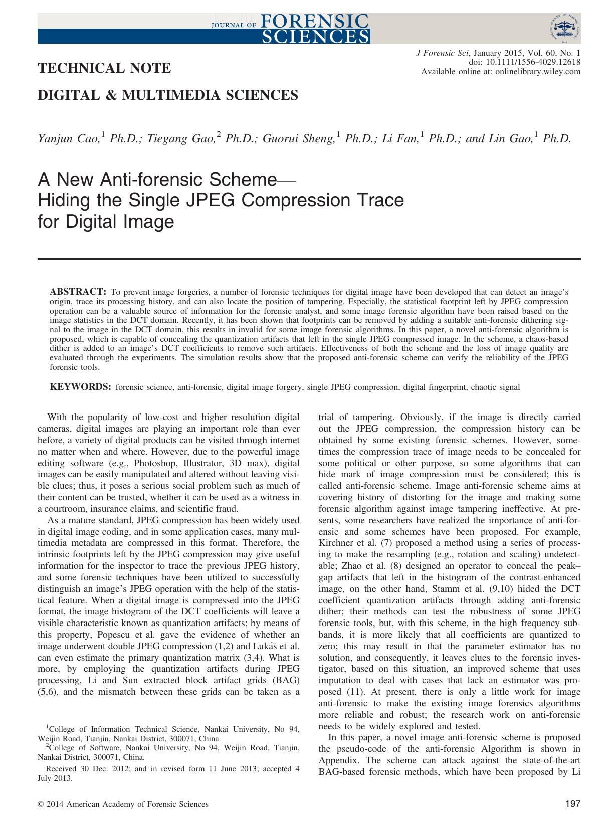 A New Anti‐forensic Scheme—Hiding the Single JPEG Compression Trace for Digital Image by Unknown