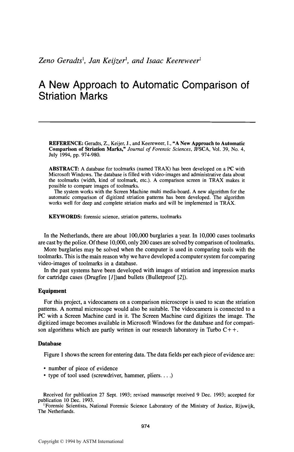 A New Approach to Automatic Comparison of Striation Marks by Geradts Z Keijer J Keereweer I