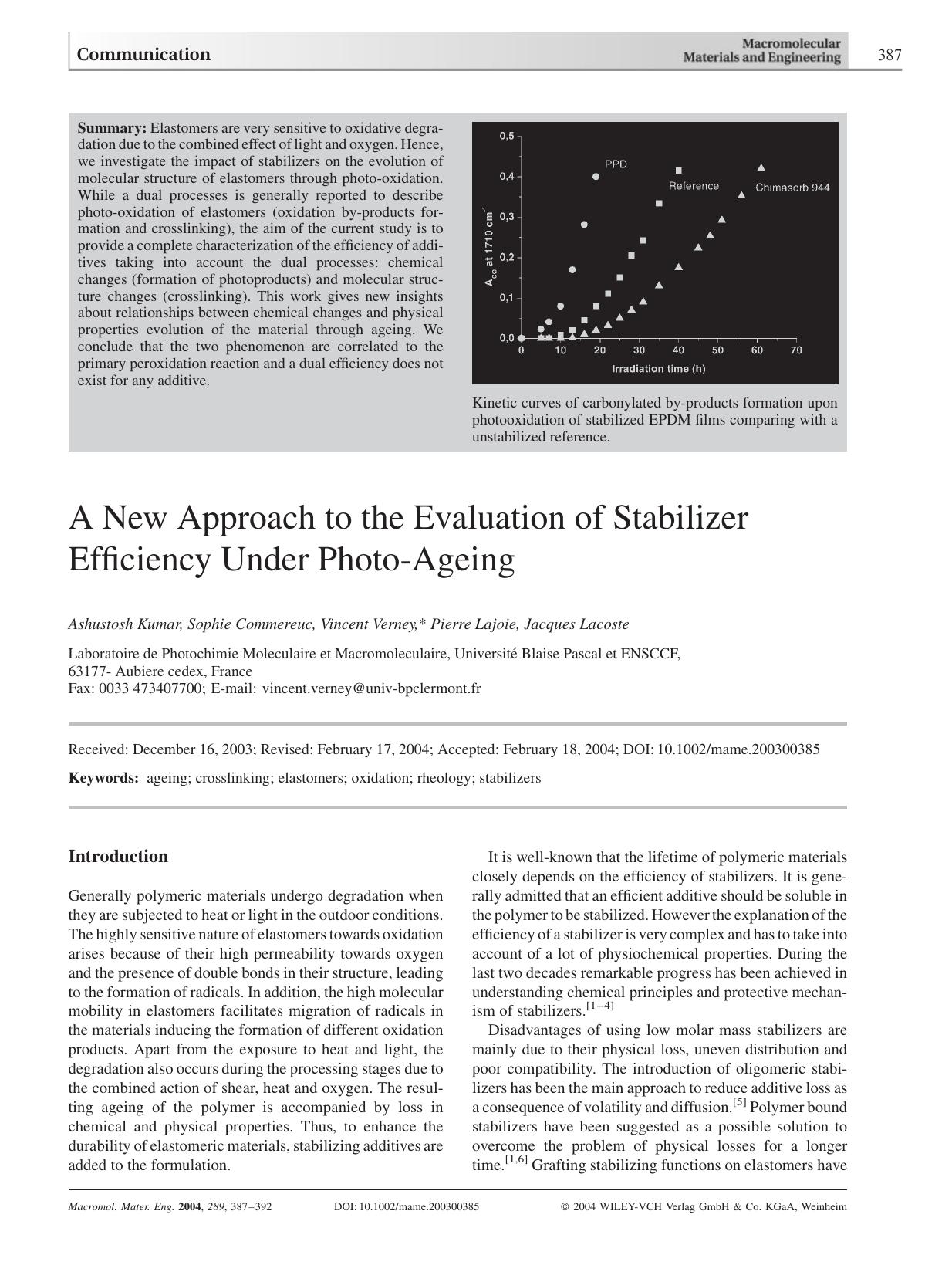 A New Approach to the Evaluation of Stabilizer Efficiency Under Photo-Ageing by Unknown