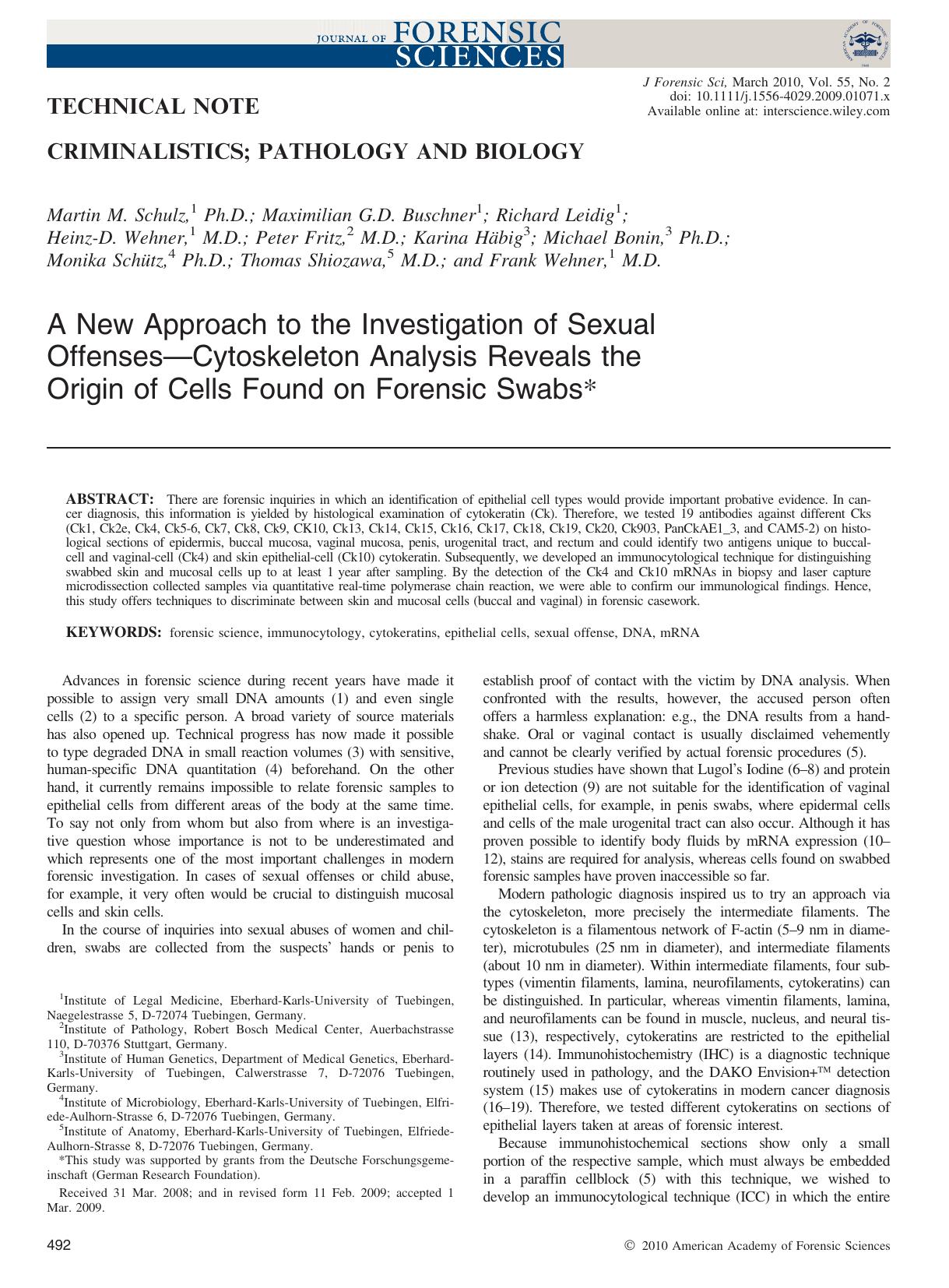A New Approach to the Investigation of Sexual Offenses?Cytoskeleton Analysis Reveals the Origin of Cells Found on Forensic Swabs* by Unknown