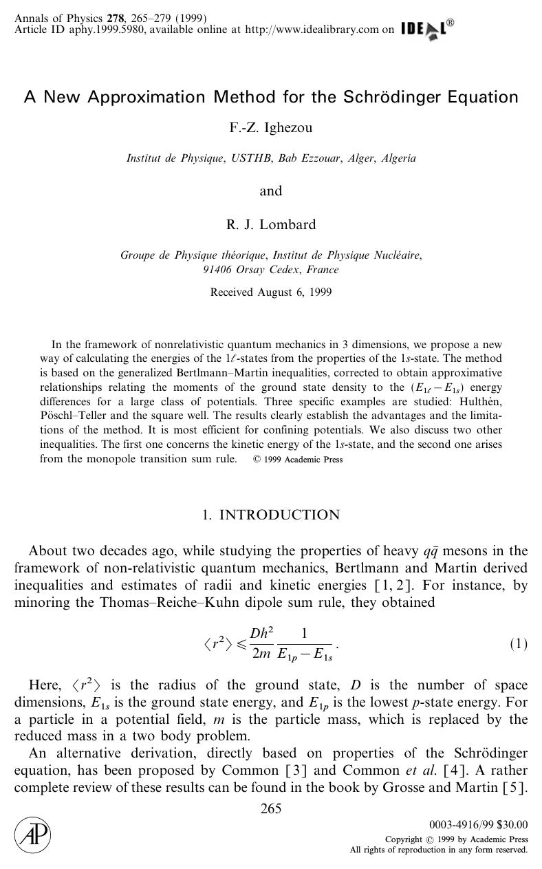 A New Approximation Method for the SchrÃ¶dinger Equation by Ighezou F. - Z. et al