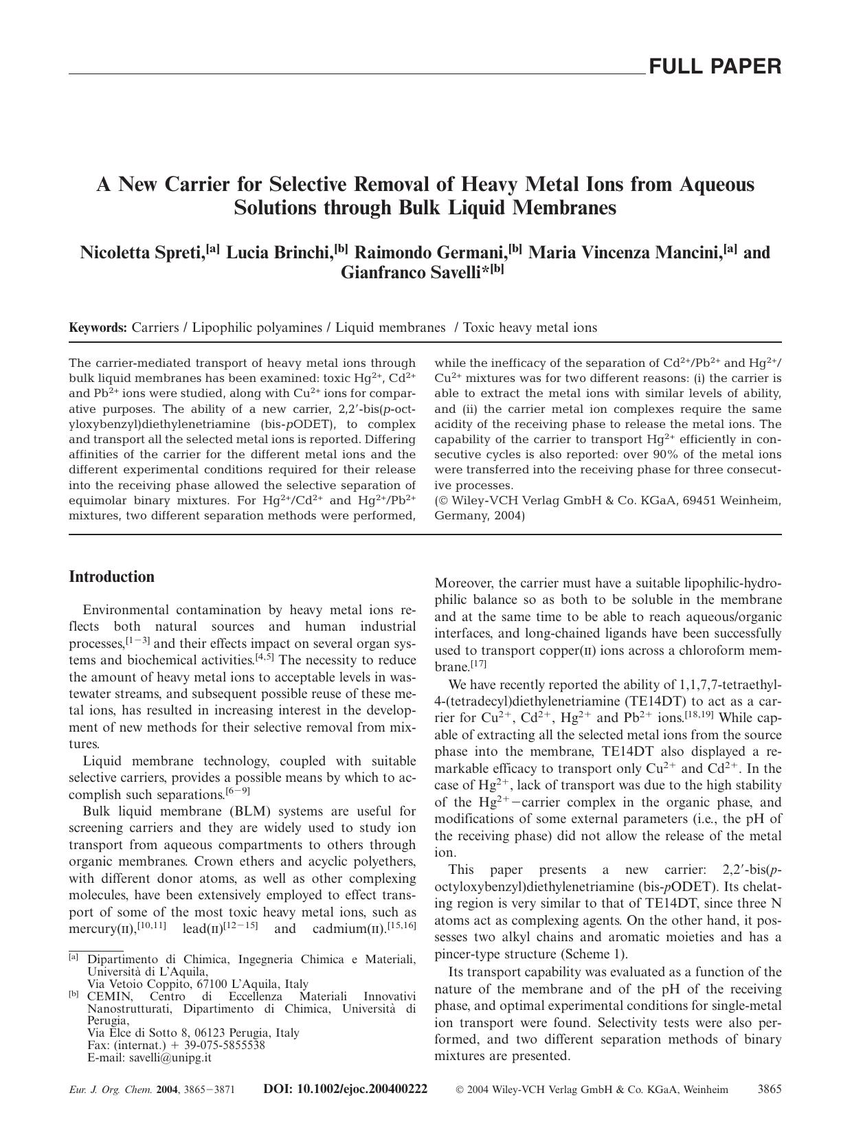 A New Carrier for Selective Removal of Heavy Metal Ions from Aqueous Solutions through Bulk Liquid Membranes by Unknown