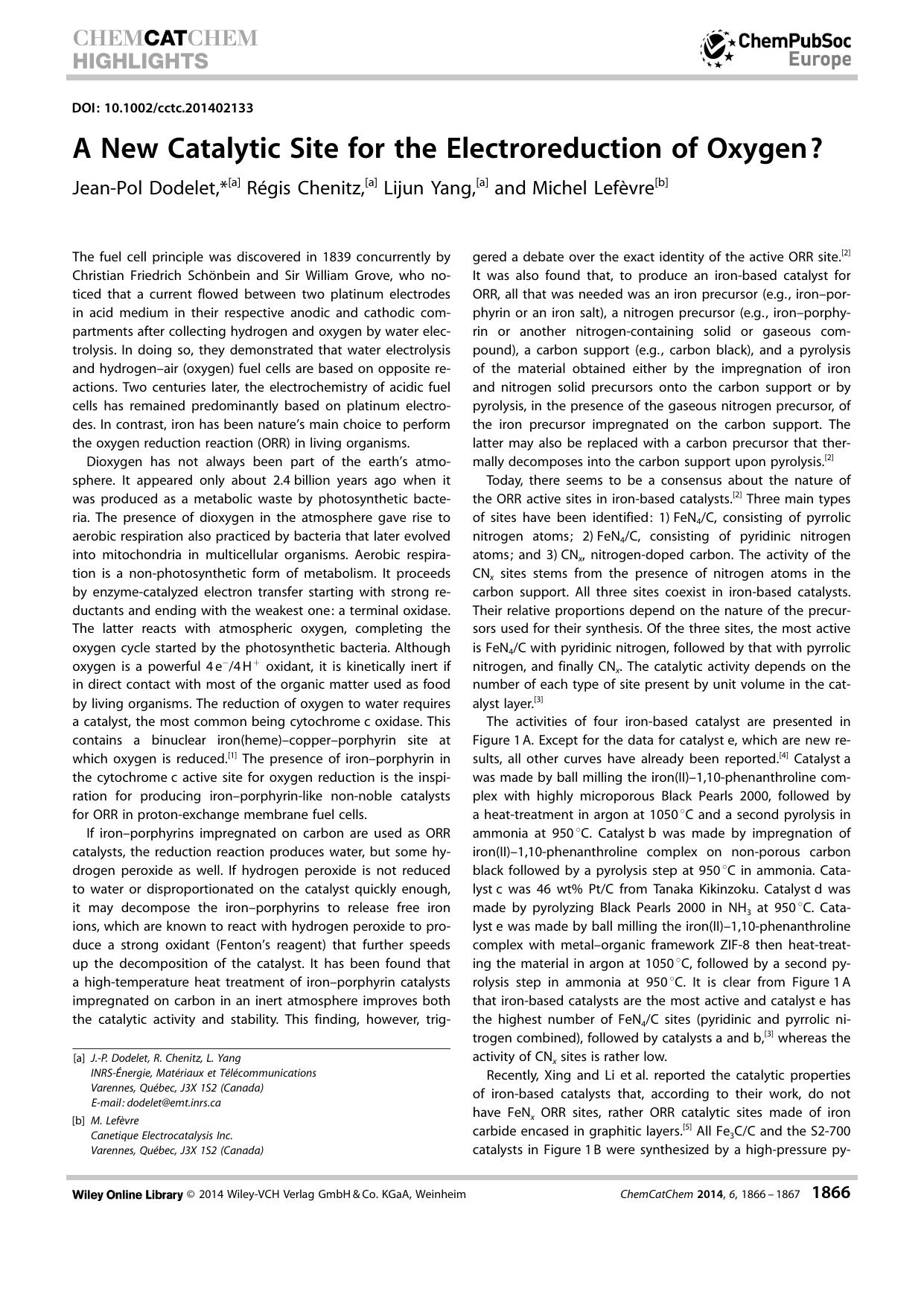 A New Catalytic Site for the Electroreduction of Oxygen? by Unknown