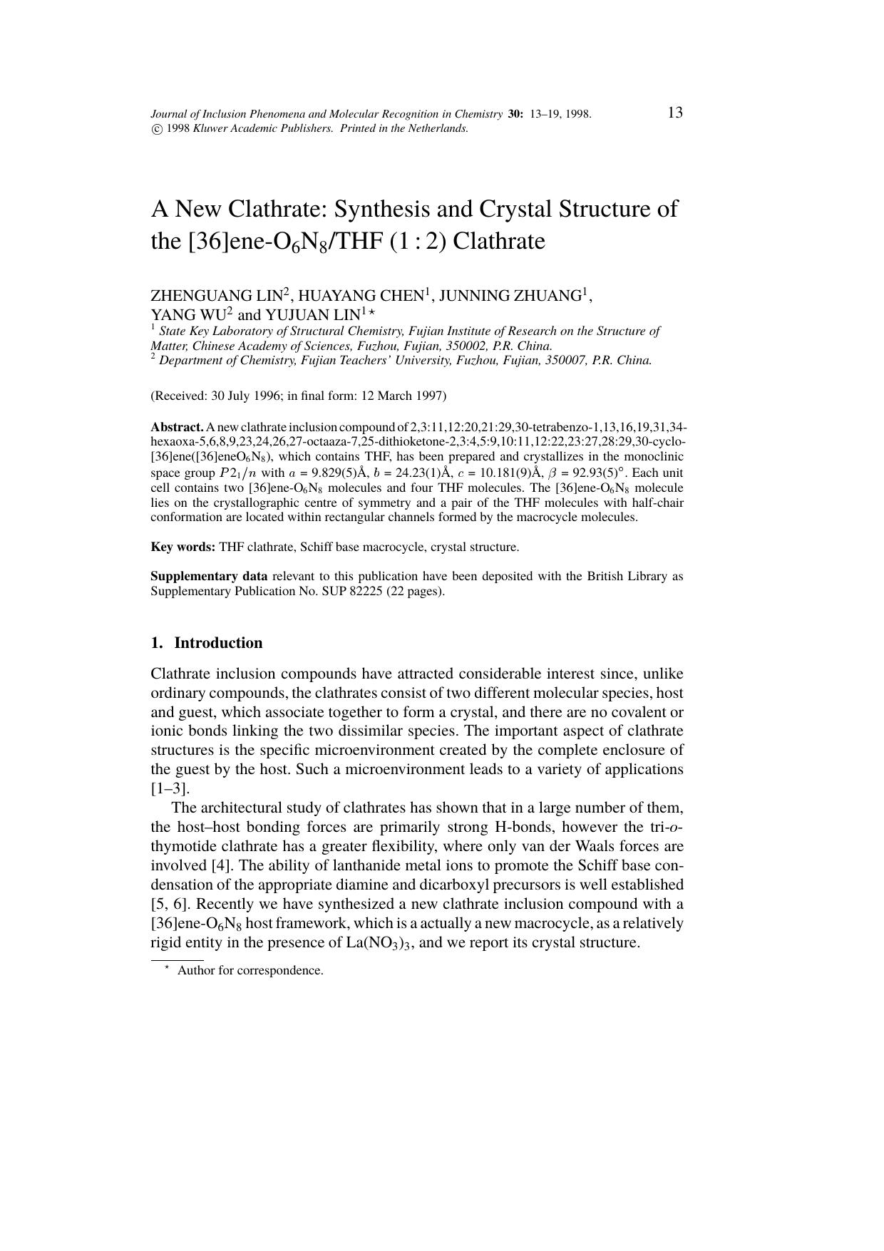 A New Clathrate: Synthesis and Crystal Structure of the [36]ene-O6N8THF (1:2) Clathrate by Unknown