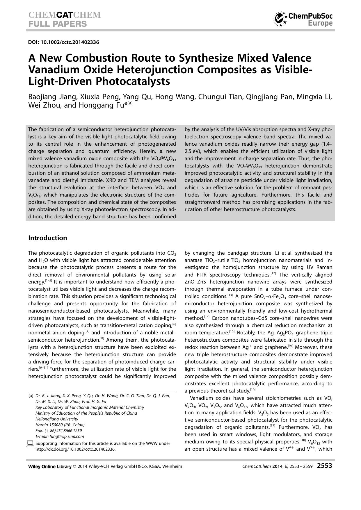 A New Combustion Route to Synthesize Mixed Valence Vanadium Oxide Heterojunction Composites as VisibleLightDriven Photocatalysts by Unknown
