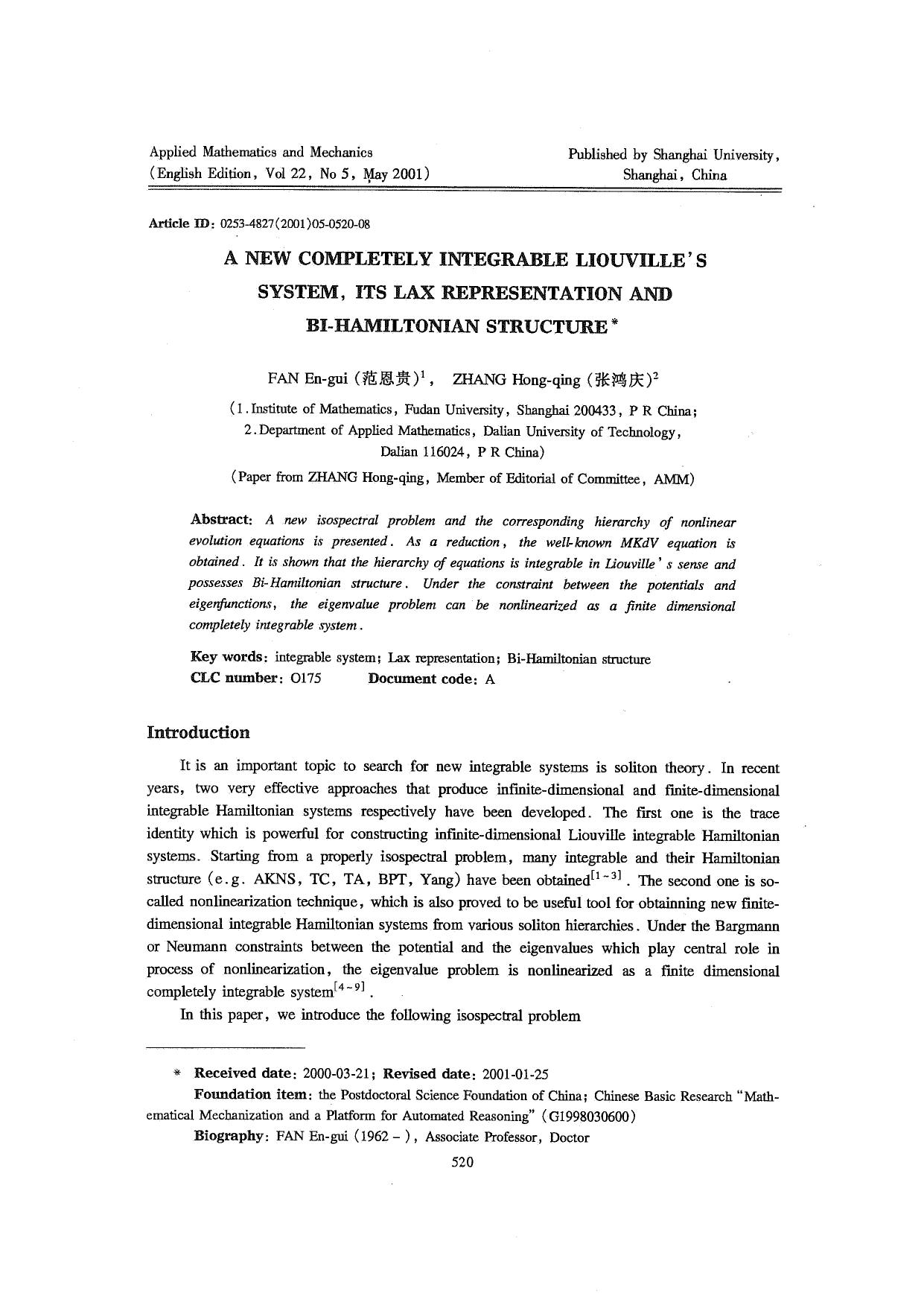 A New Completely Integrable Liouville's System, its Lax Representation and Bi-Hamiltonian Structure by Unknown