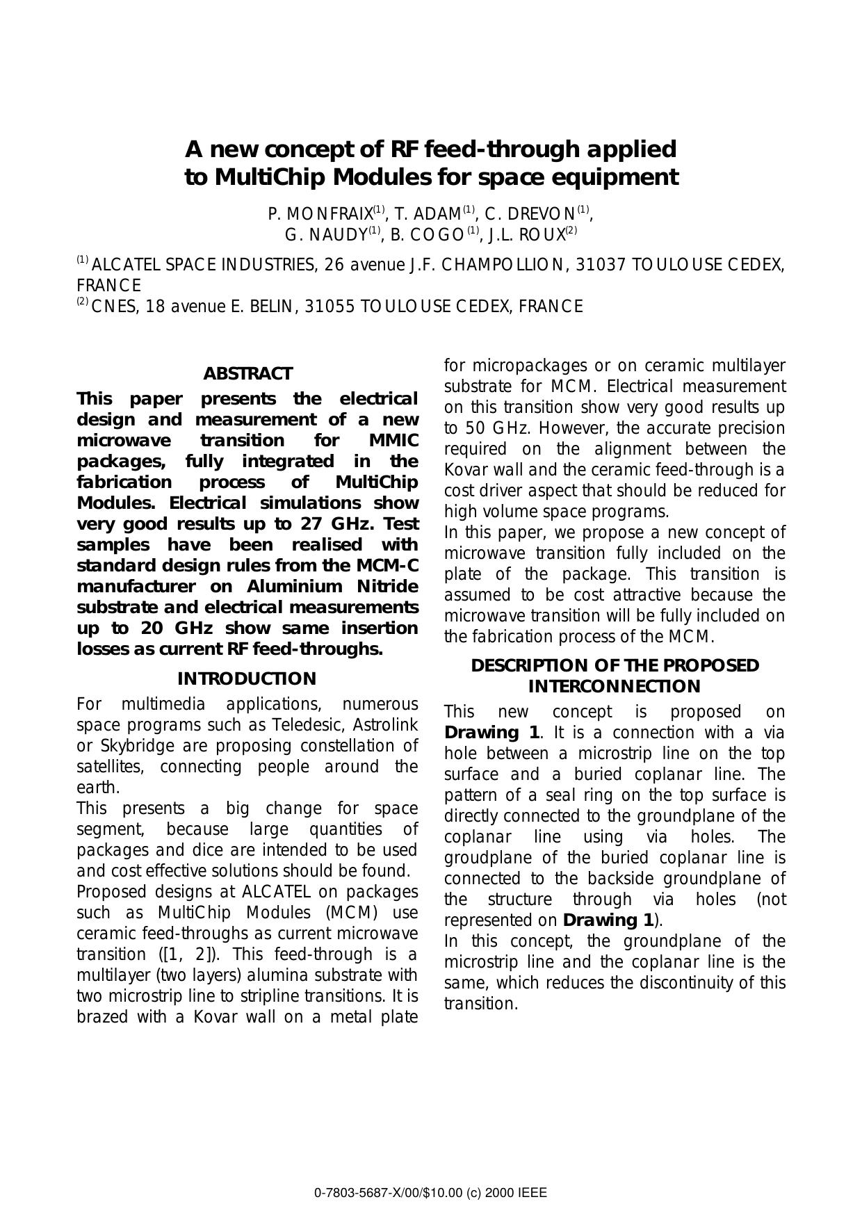 A New Concept of RF Feed-Through Applied to Multichip Modules for Space Equipment by P. Monfraix T. Adam C. Drevon G. Naudy B. Cogo & J. L. Roux