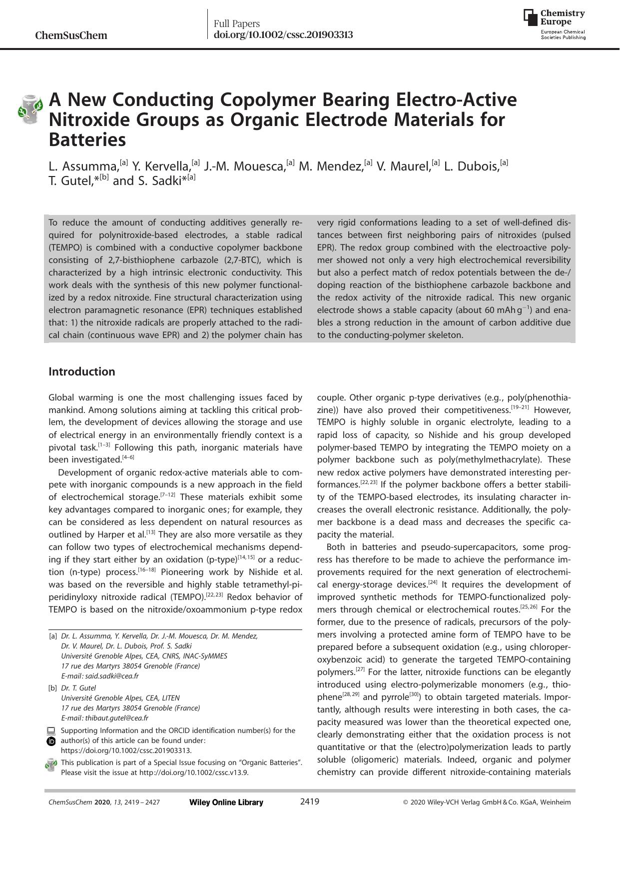 A New Conducting Copolymer Bearing ElectroâActive Nitroxide Groups as Organic Electrode Materials for Batteries by Unknown