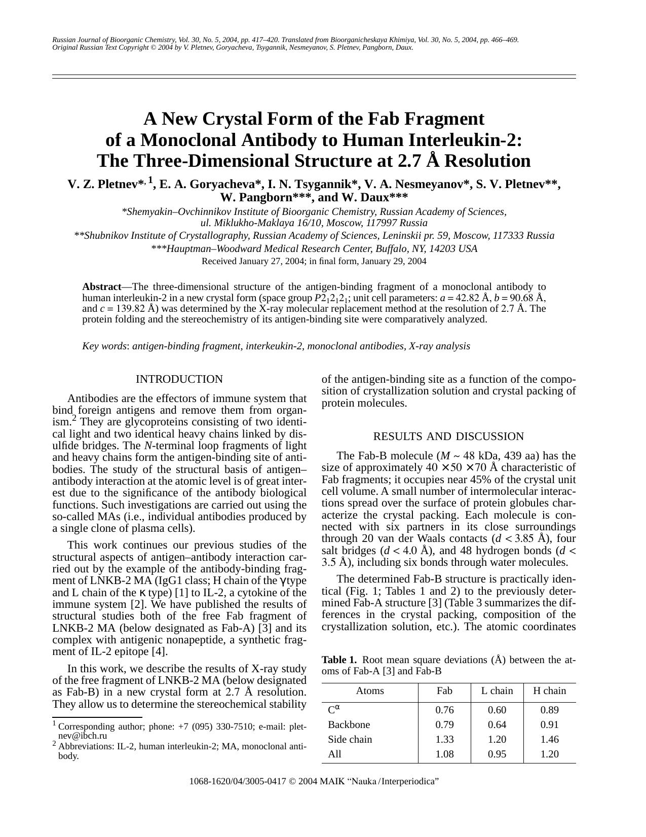 A New Crystal Form of the Fab Fragment of a Monoclonal Antibody to Human Interleukin-2: The Three-Dimensional Structure at 2.7 Å Resolution by Unknown