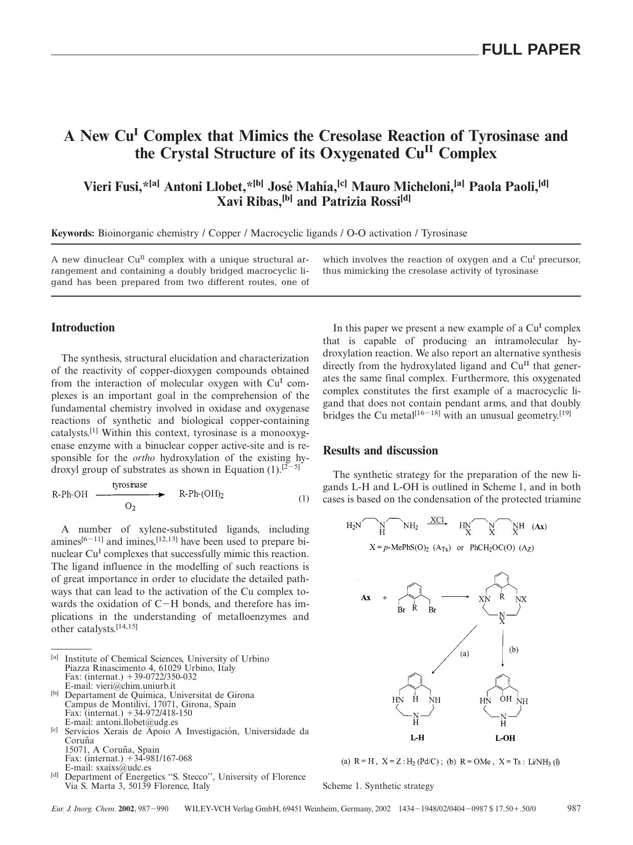 A New CuI Complex that Mimics the Cresolase Reaction of Tyrosinase and the Crystal Structure of its Oxygenated CuII Complex by Unknown