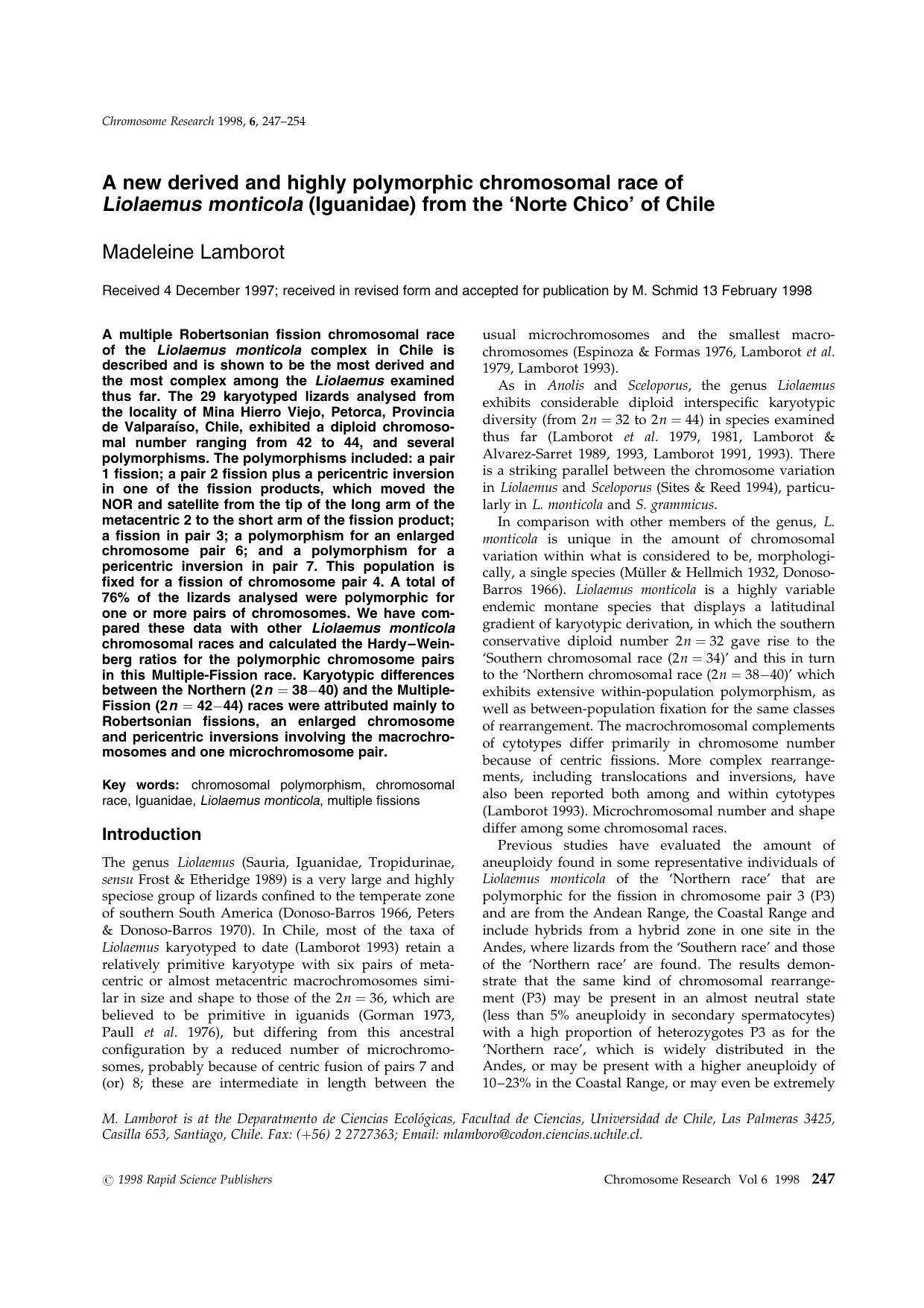 A New Derived and Highly Polymorphic Chromosomal Race of Liolaemus Monticola (Iguanidae) from the 'Norte Chico' of Chile by Unknown