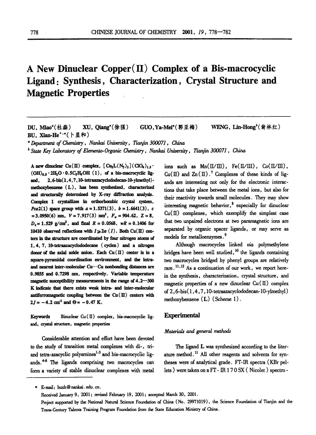 A New Dinuclear Copper (II) Complex of a Bismacrocyclic Ligand: Synthesis, Characterization, Crystal Structure and Magnetic Properties by Unknown