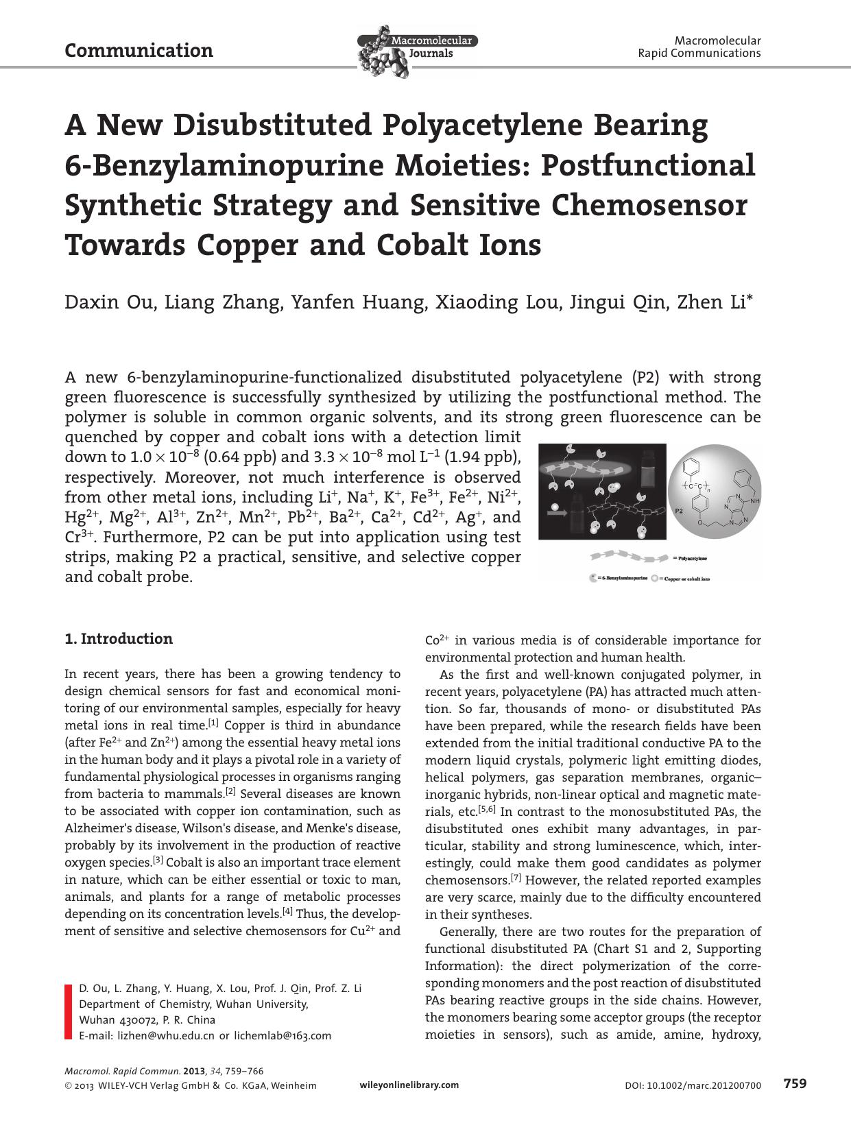 A New Disubstituted Polyacetylene Bearing 6Benzylaminopurine Moieties: Postfunctional Synthetic Strategy and Sensitive Chemosensor Towards Copper and Cobalt Ions by wbpm