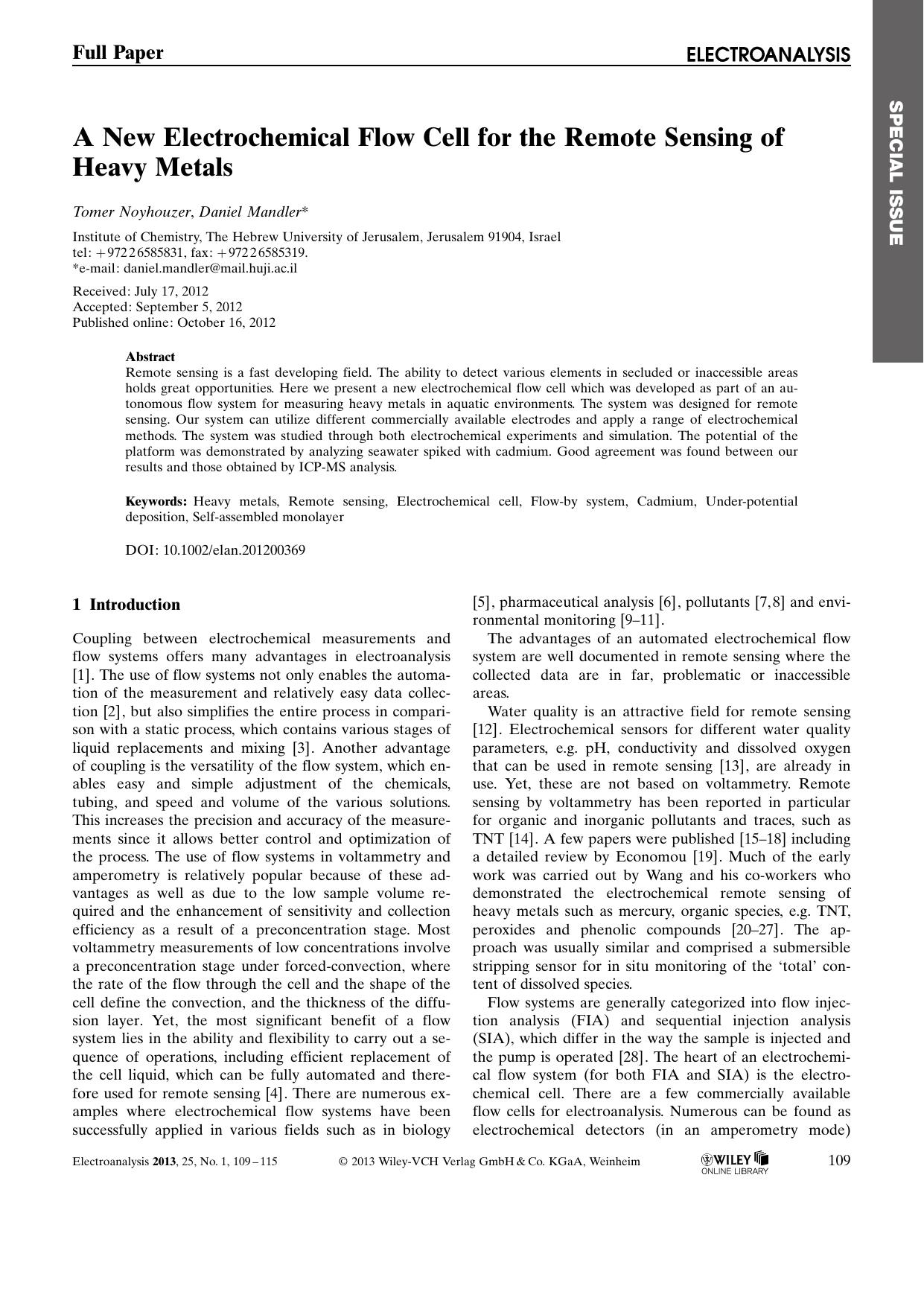 A New Electrochemical Flow Cell for the Remote Sensing of Heavy Metals by Unknown