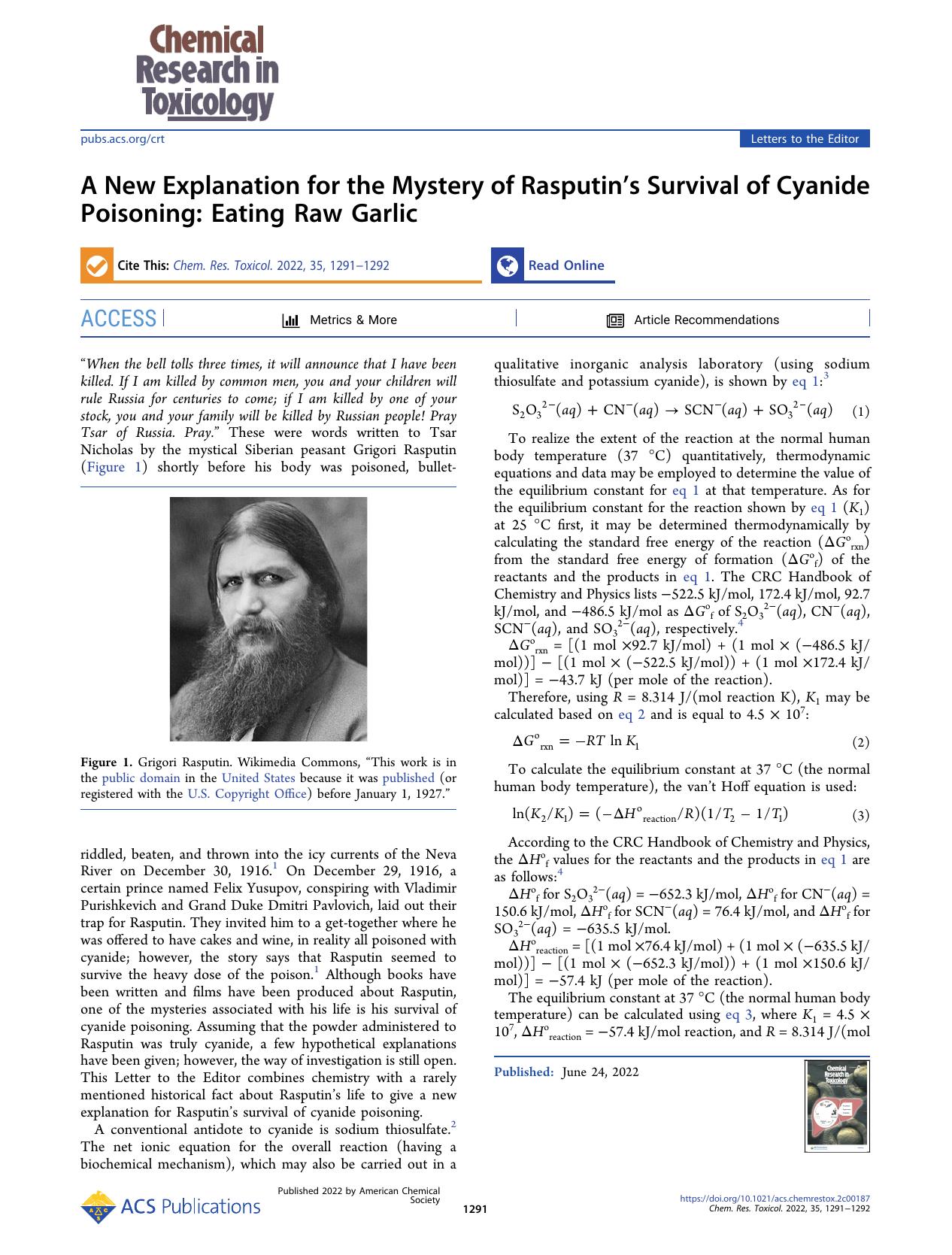 A New Explanation for the Mystery of Rasputinâs Survival of Cyanide Poisoning: Eating Raw Garlic by Aliyar Mousavi