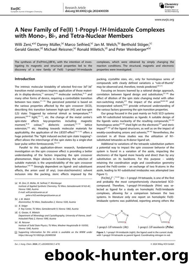 A New Family of Fe(II) 1âPropylâ1HâImidazole Complexes with Monoâ, Biâ, and TetraâNuclear Members by Unknown