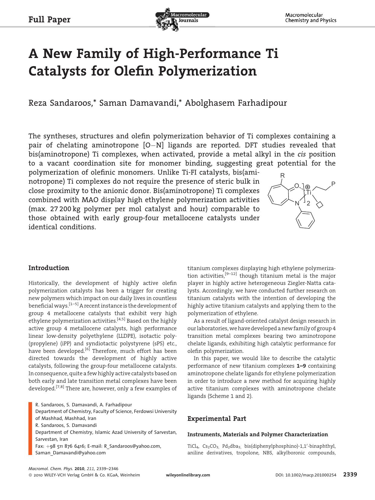 A New Family of HighPerformance Ti Catalysts for Olefin Polymerization by Unknown