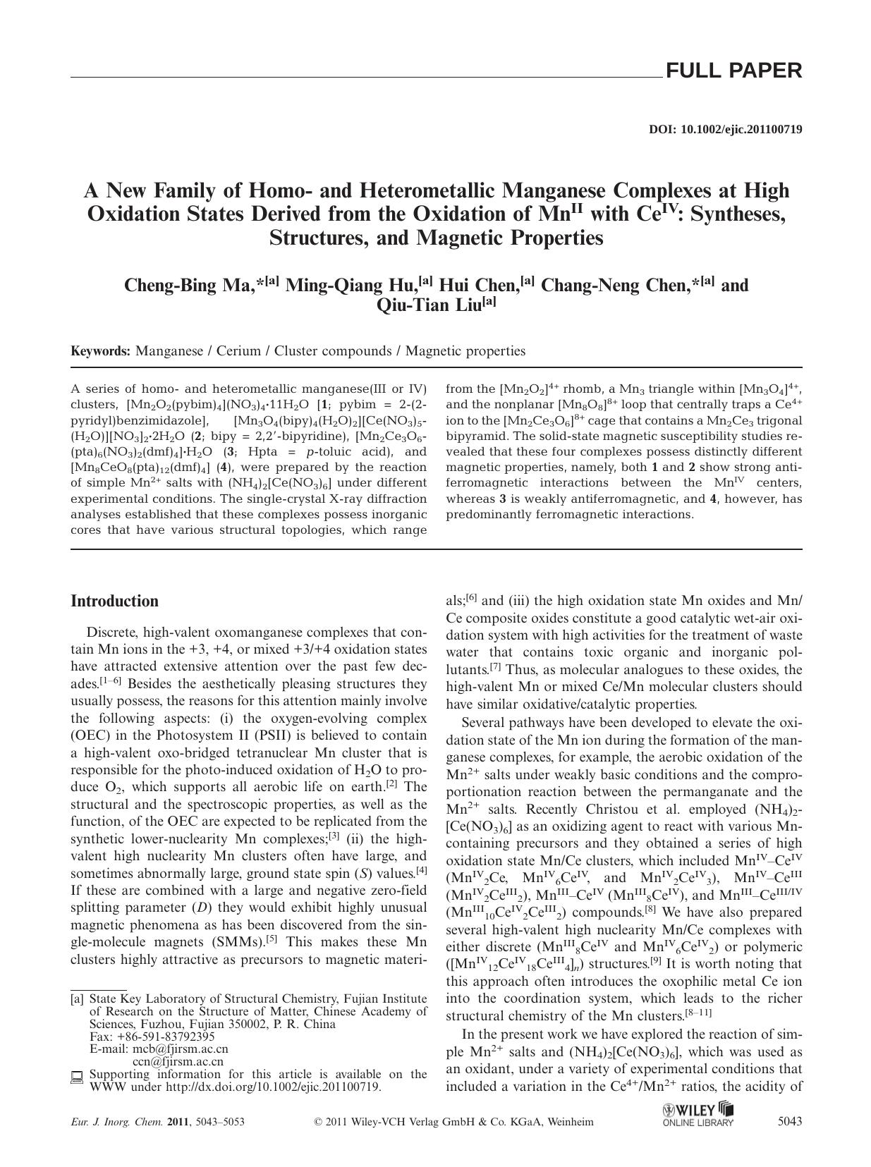 A New Family of Homo and Heterometallic Manganese Complexes at High Oxidation States Derived from the Oxidation of MnII with CeIV: Syntheses, Structures, and Magnetic Properties by Unknown