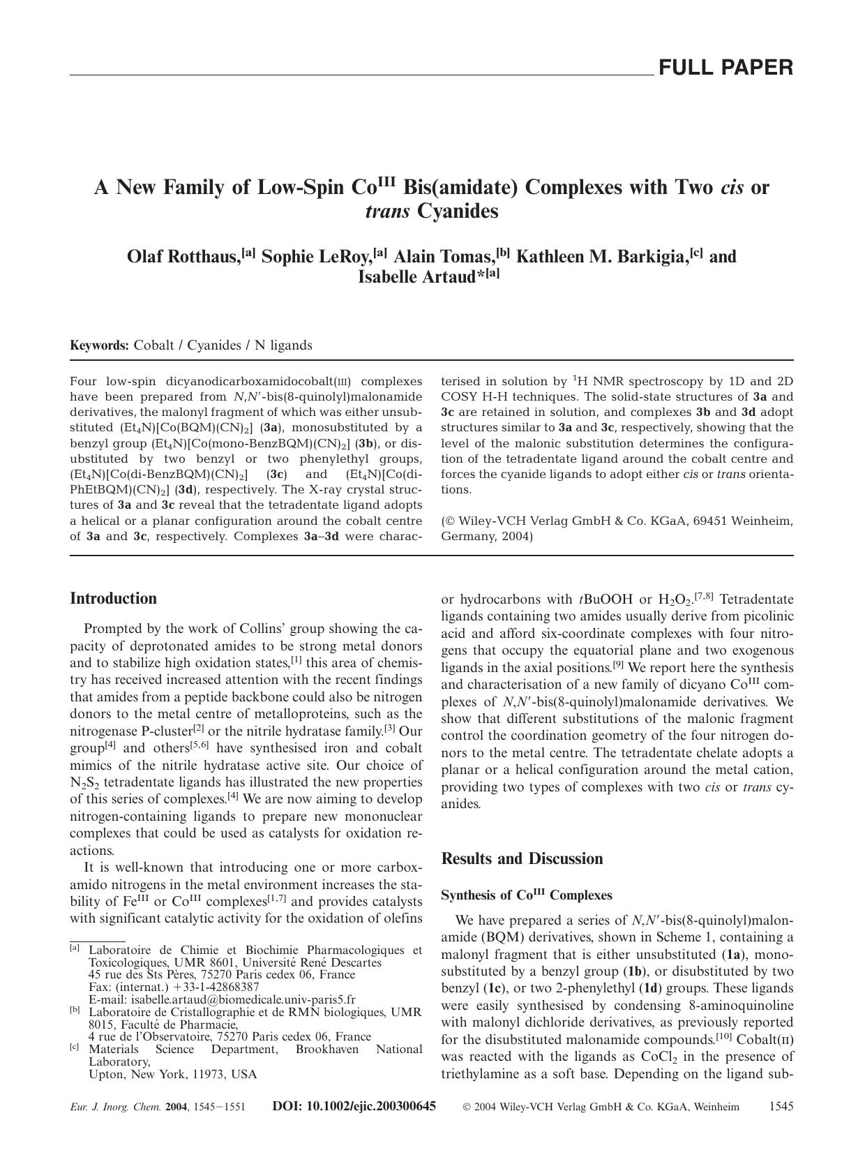 A New Family of Low-Spin CoIII Bis(amidate) Complexes with Two cis or trans Cyanides by Unknown