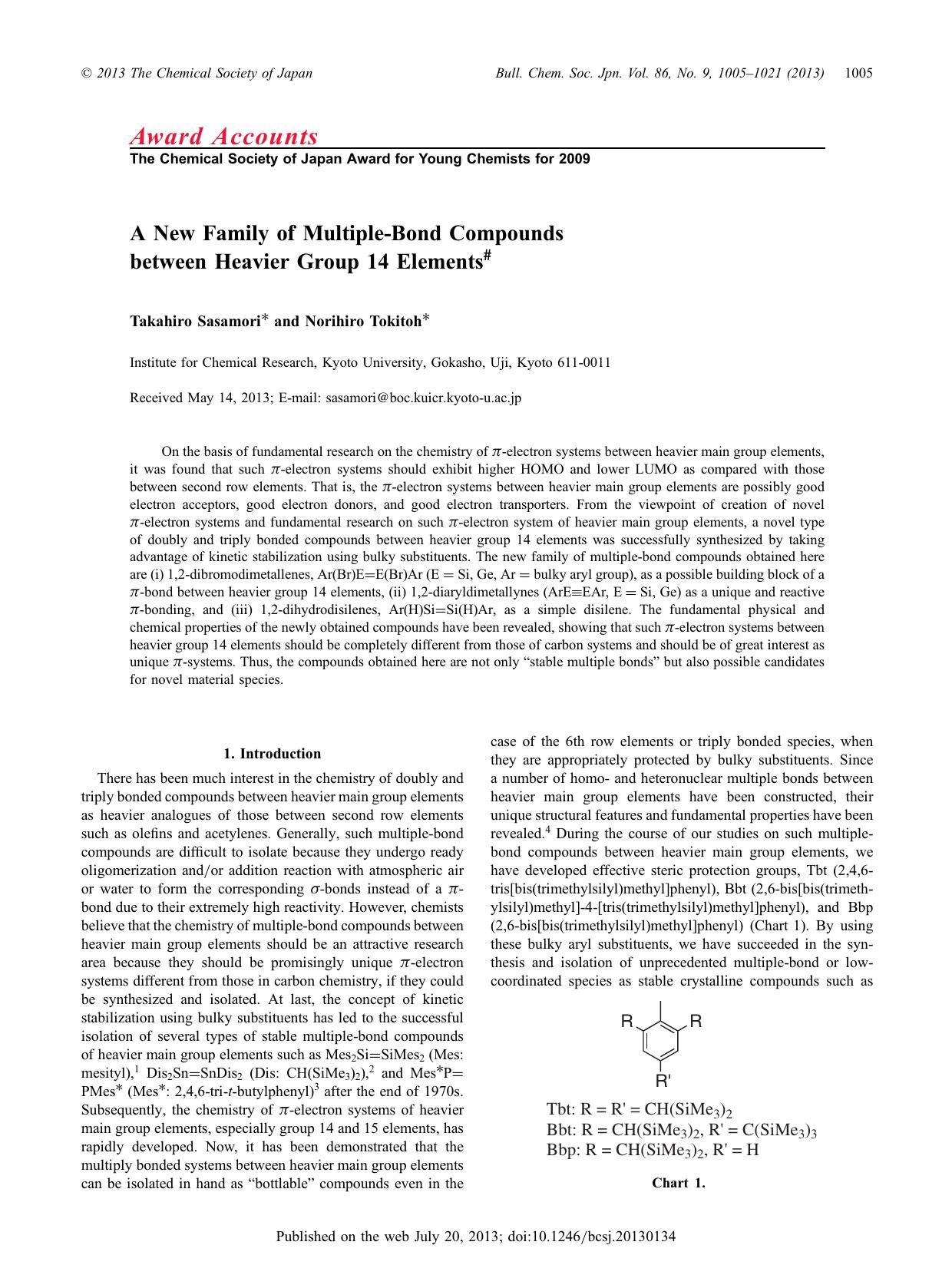 A New Family of Multiple-Bond Compounds between Heavier Group 14 Elements# by Takahiro Sasamori Norihiro Tokitoh