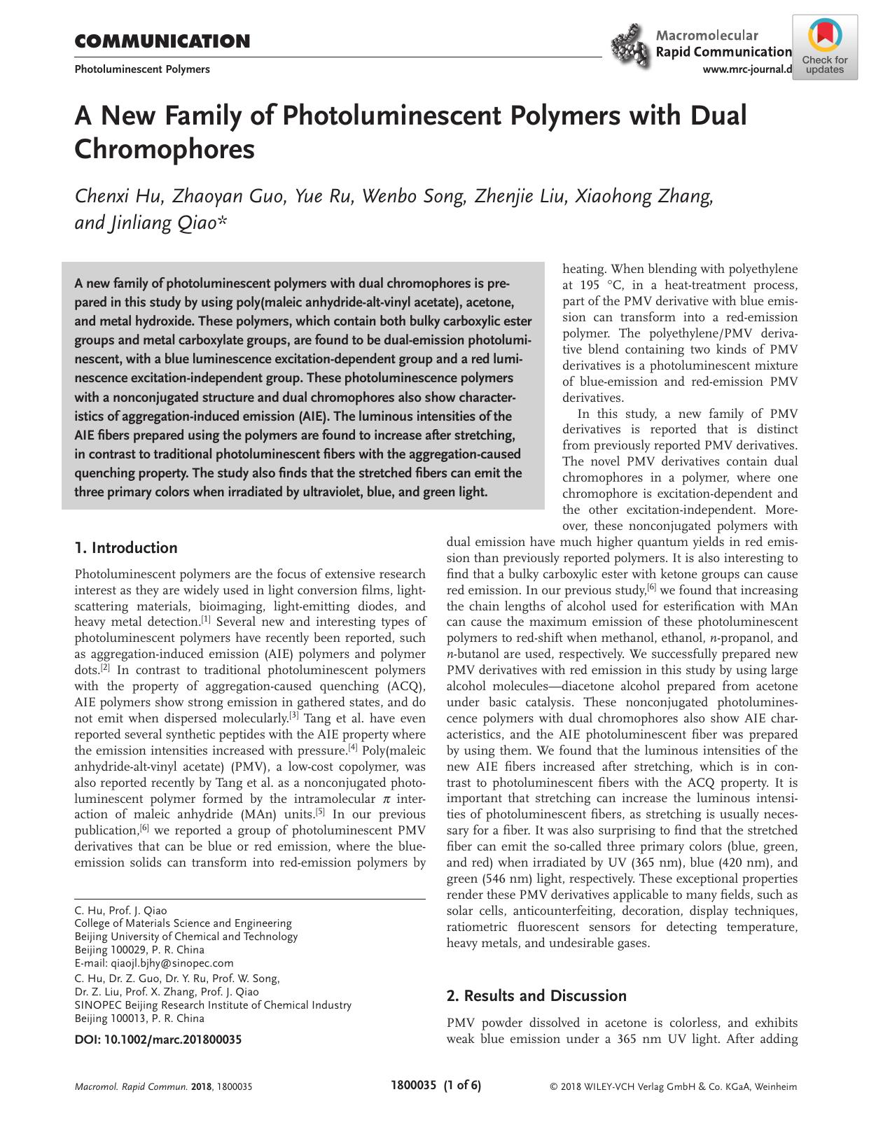 A New Family of Photoluminescent Polymers with Dual Chromophores by Unknown