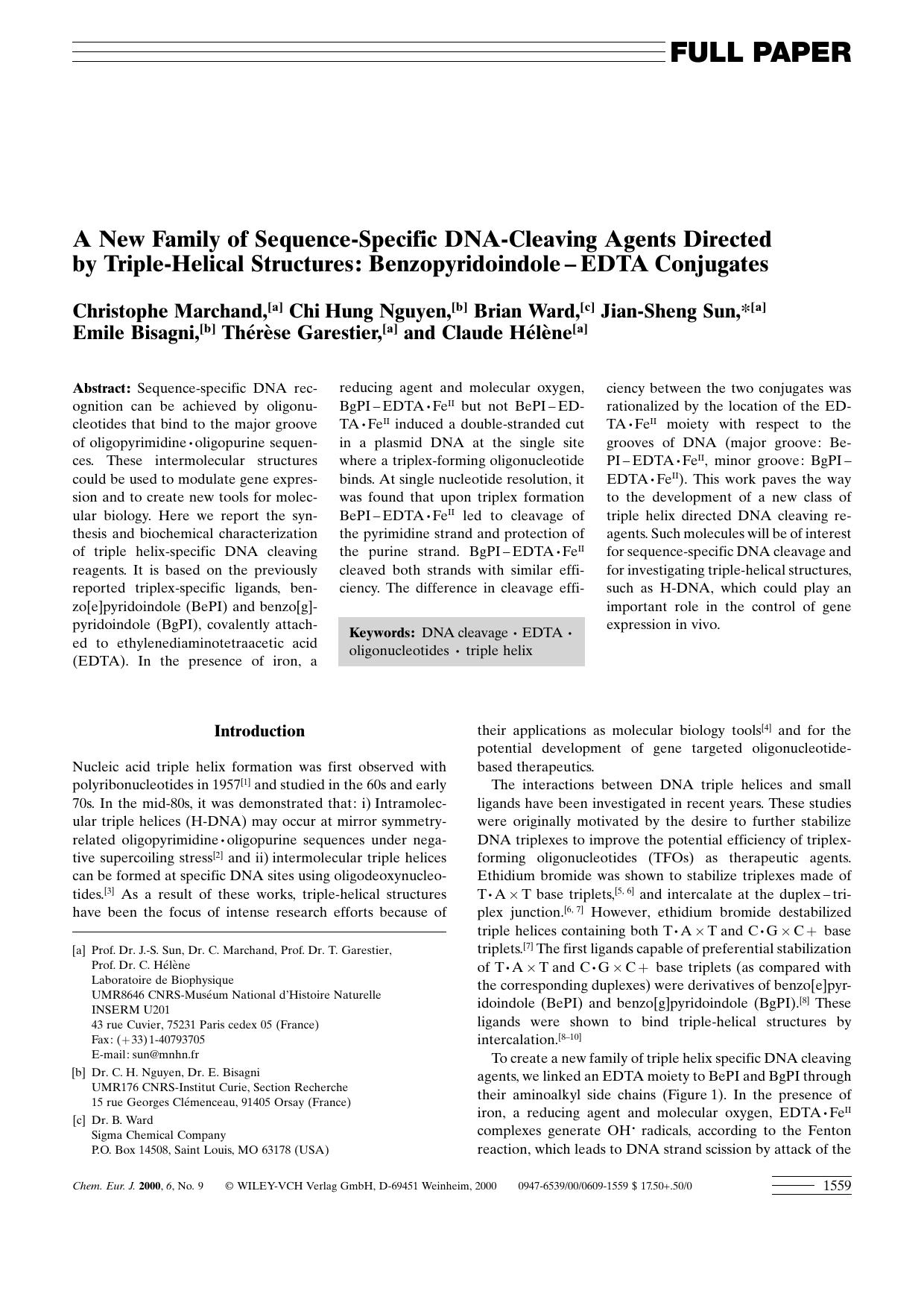 A New Family of Sequence-Specific DNA-Cleaving Agents Directed by Triple-Helical Structures: Benzopyridoindole-EDTA Conjugates by Unknown