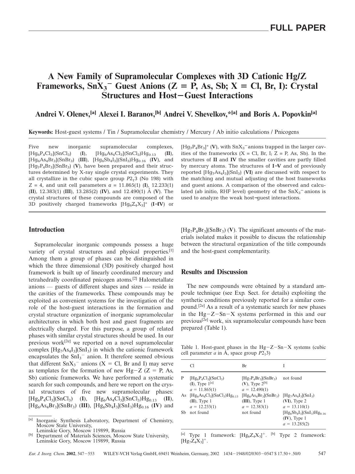A New Family of Supramolecular Complexes with 3D Cationic HgZ Frameworks, SnX3- Guest Anions (Z = P, As, Sb; X = Cl, Br, I): Crystal Structures and Host-Guest Interactions by Unknown