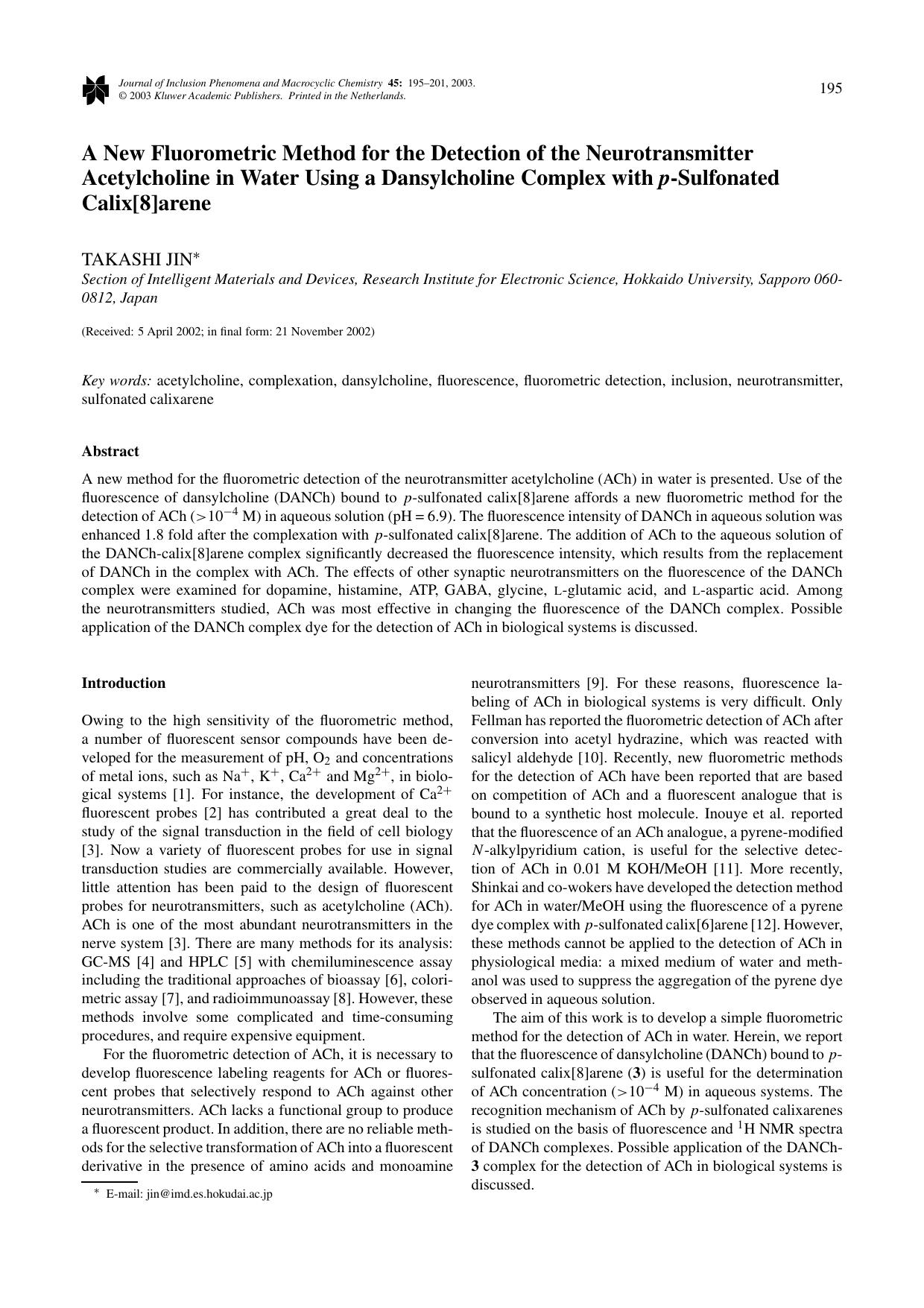 A New Fluorometric Method for the Detection of the Neurotransmitter Acetylcholine in Water Using a Dansylcholine Complex with <Emphasis Type="BoldItalic">p<Emphasis>-Sulfonated Calix[8]arene by Unknown