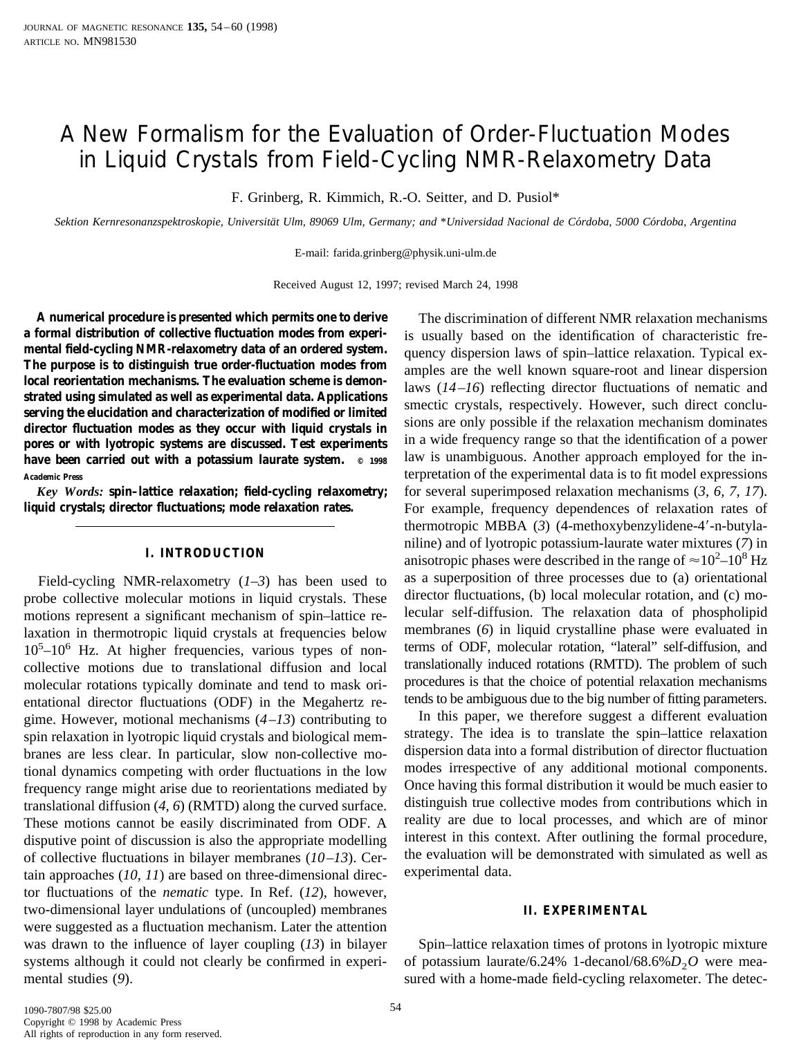A New Formalism for the Evaluation of Order-Fluctuation Modes in Liquid Crystals from Field-Cycling NMR-Relaxometry Data by Grinberg F. et al
