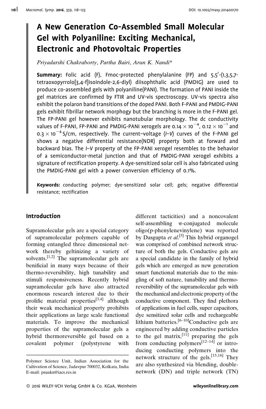 A New Generation Co-Assembled Small Molecular Gel with Polyaniline: Exciting Mechanical, Electronic and Photovoltaic Properties by Unknown