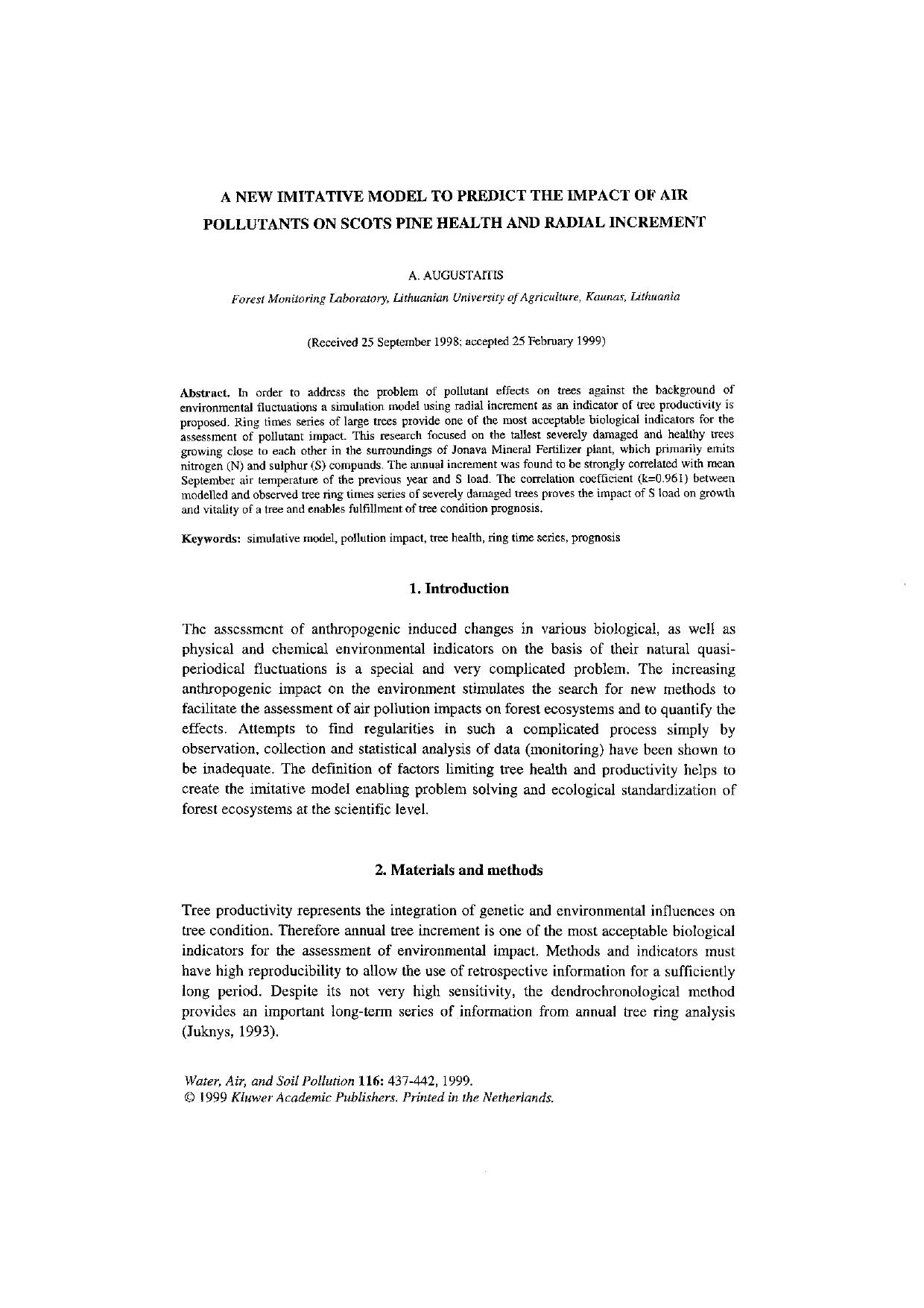 A New Imitative Model to Predict the Impact of Air Pollutants on Scots Pine Health and Radial Increment by Unknown