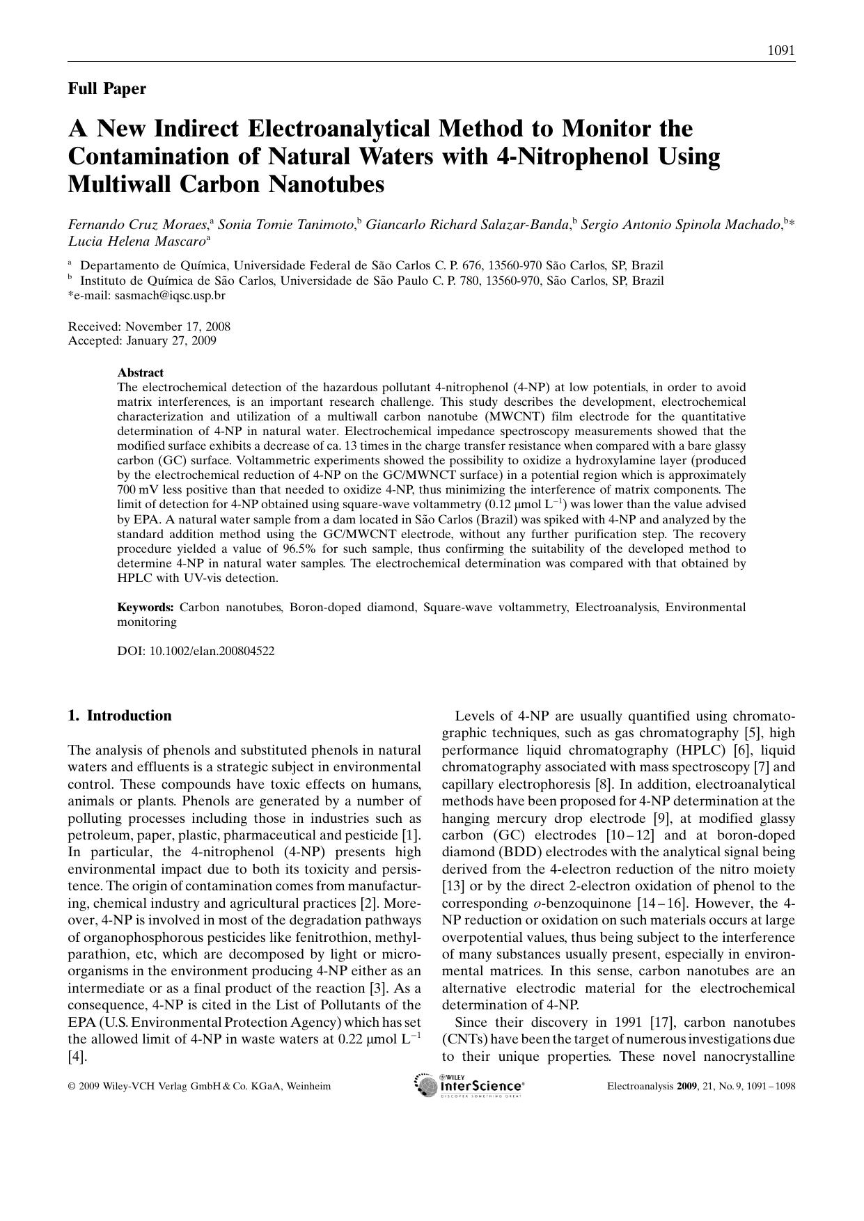 A New Indirect Electroanalytical Method to Monitor the Contamination of Natural Waters with 4-Nitrophenol Using Multiwall Carbon Nanotubes by Unknown