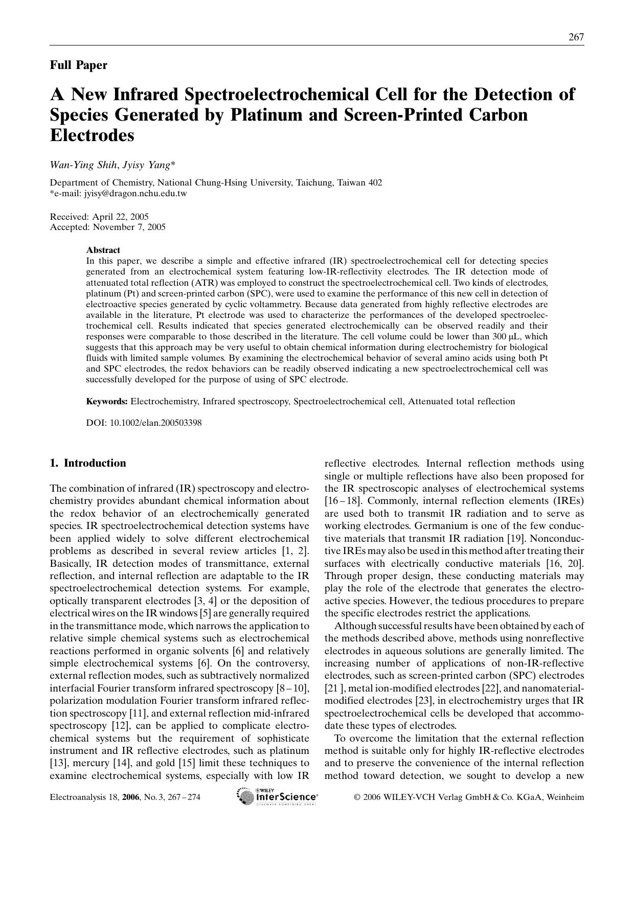 A New Infrared Spectroelectrochemical Cell for the Detection of Species Generated by Platinum and Screen-Printed Carbon Electrodes by Unknown