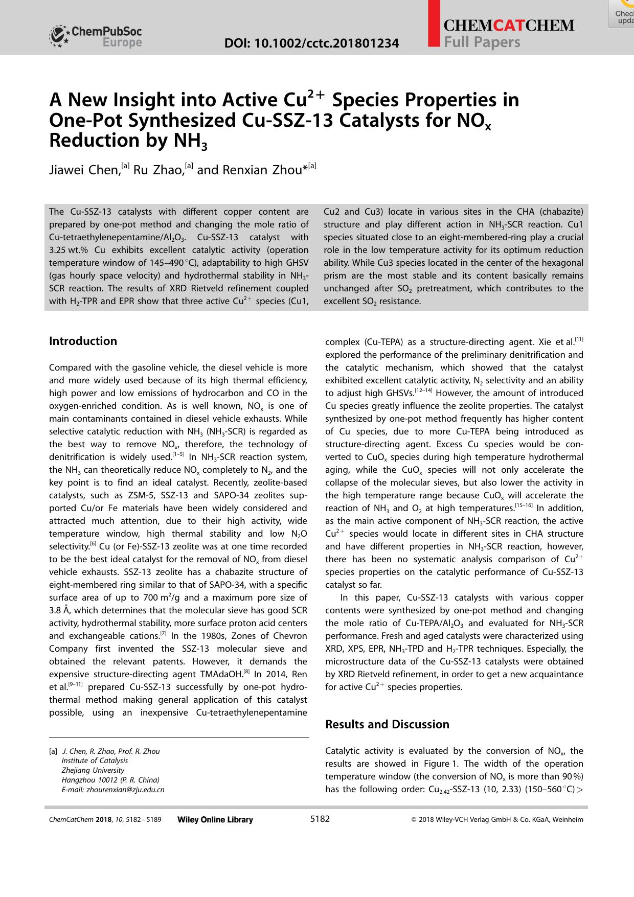 A New Insight into Active Cu2+ Species Properties in OneâPot Synthesized CuâSSZâ13 Catalysts for NOx Reduction by NH3 by Unknown