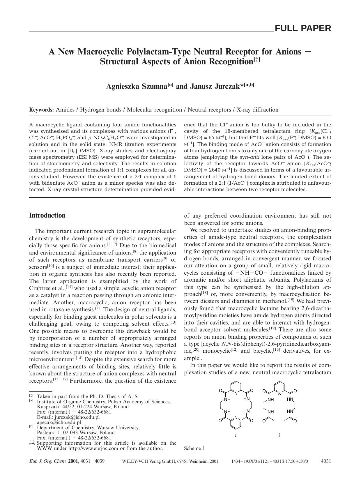 A New Macrocyclic Polylactam-Type Neutral Receptor for Anions - Structural Aspects of Anion Recognition by Unknown