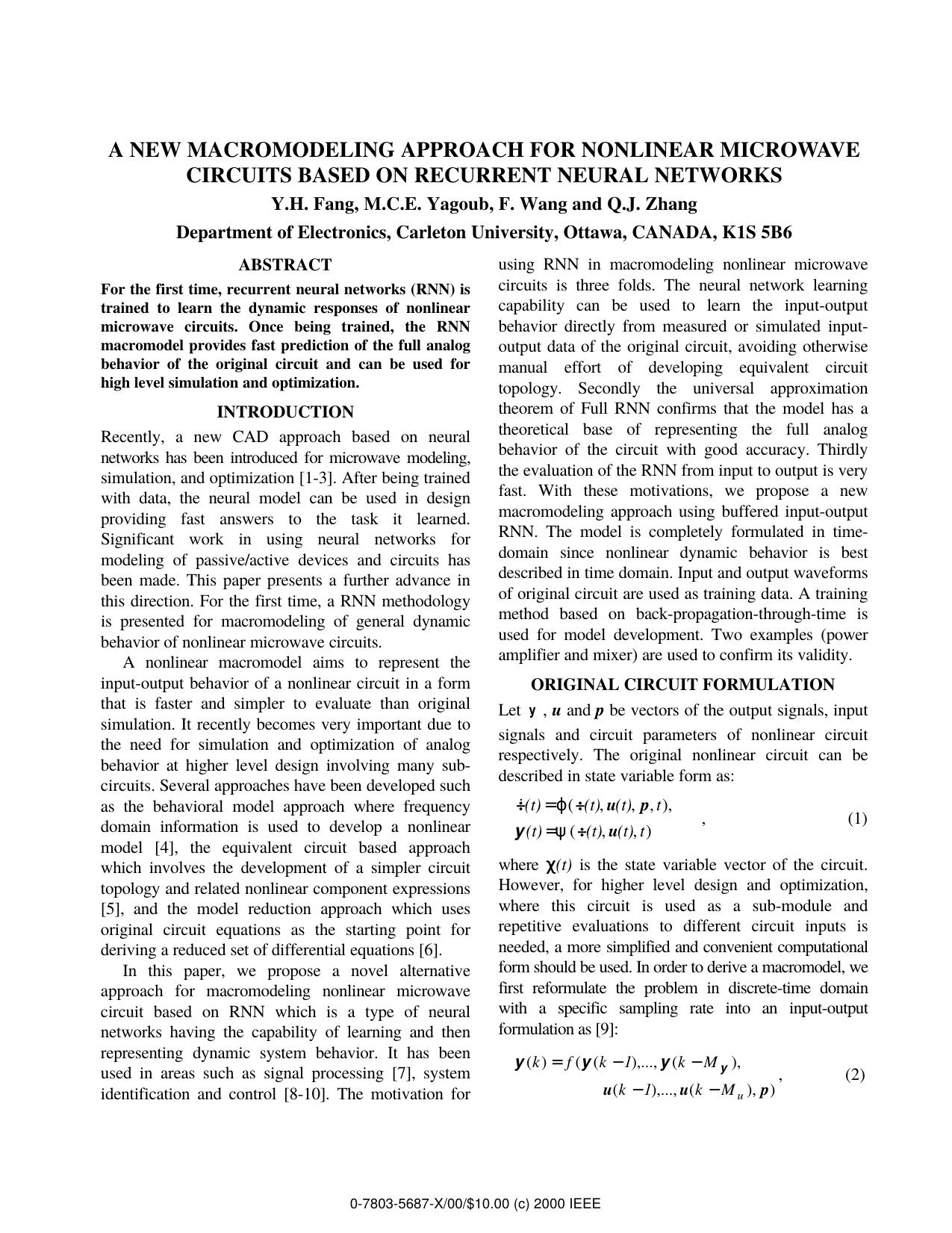 A New Macromodeling Approach for Nonlinear Microwave Circuits Based on Recurrent Neural Networks by Y. H. Fang M. C. E. Yagoub F. Wang & Q. J. Zhang