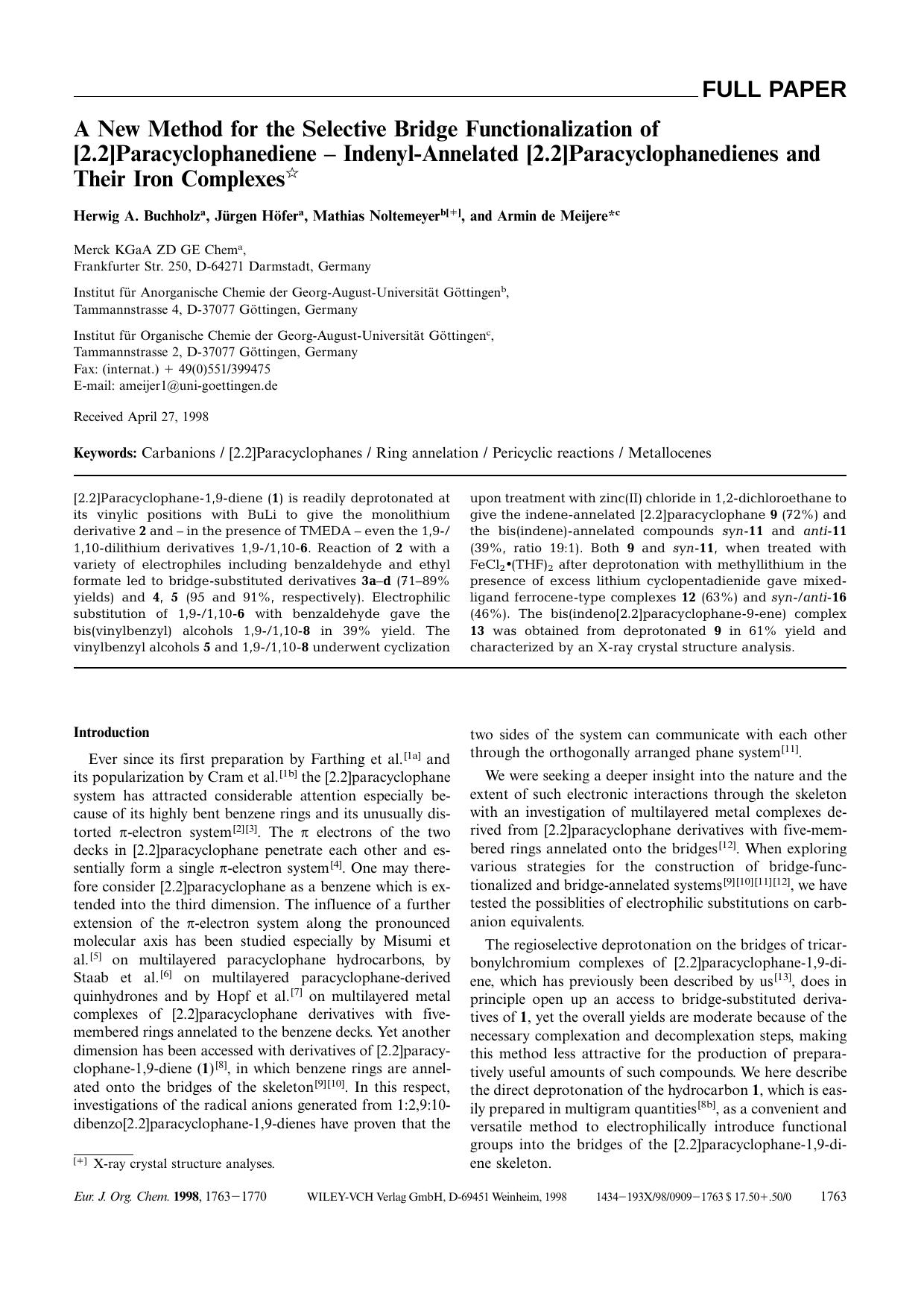 A New Method for the Selective Bridge Functionalization of [2.2]Paracyclophanediene - Indenyl-Annelated [2.2]Paracyclophanedienes and Their Iron Complexes by Unknown