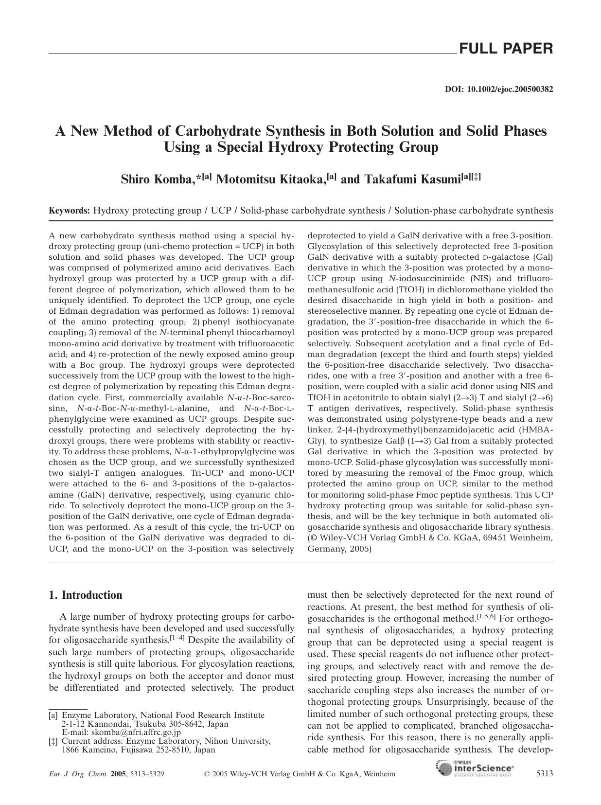 A New Method of Carbohydrate Synthesis in Both Solution and Solid Phases Using a Special Hydroxy Protecting Group by Unknown