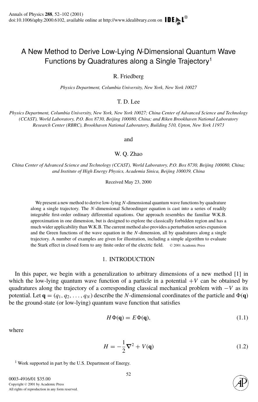 A New Method to Derive Low-Lying N-Dimensional Quantum Wave
Functions by Quadratures along a Single Trajectory by Friedberg R. et al