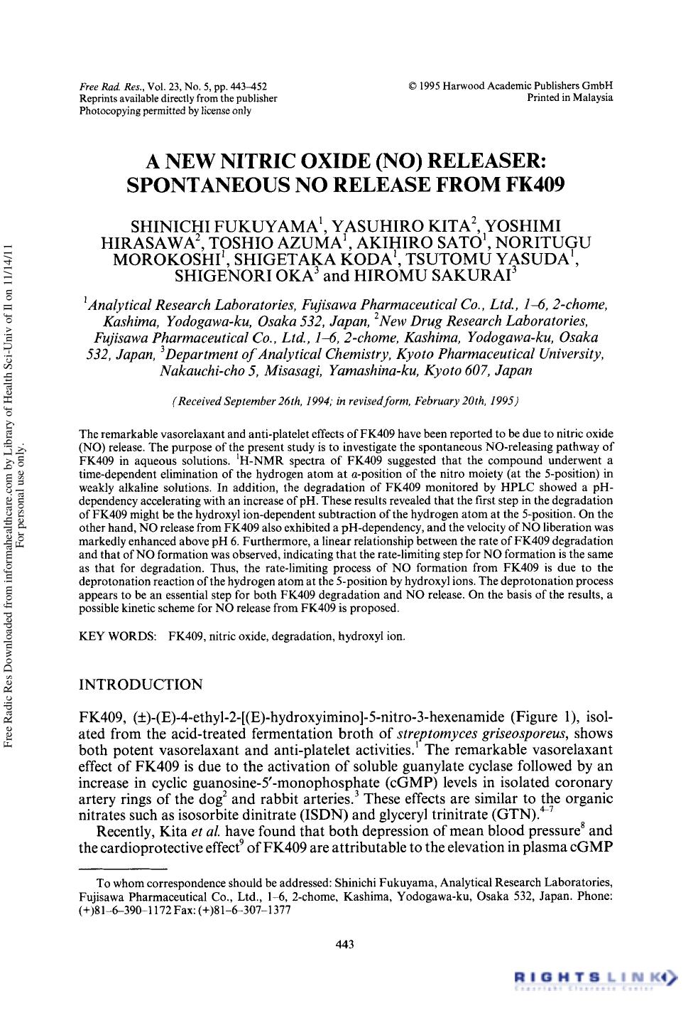 A New Nitric Oxide (No) Releaser: Spontaneous No Release from Fk409 by unknow