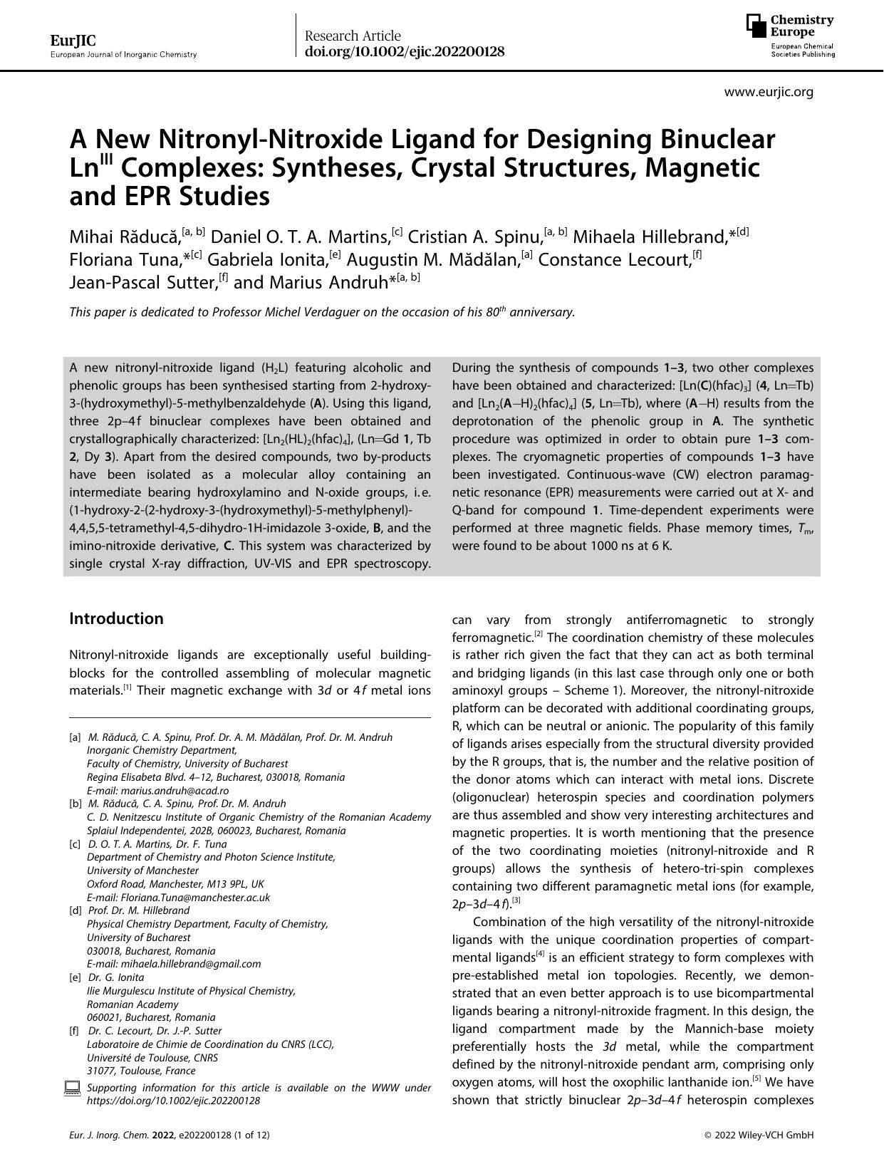 A New NitronylâNitroxide Ligand for Designing Binuclear LnIII Complexes: Syntheses, Crystal Structures, Magnetic and EPR Studies by Unknown