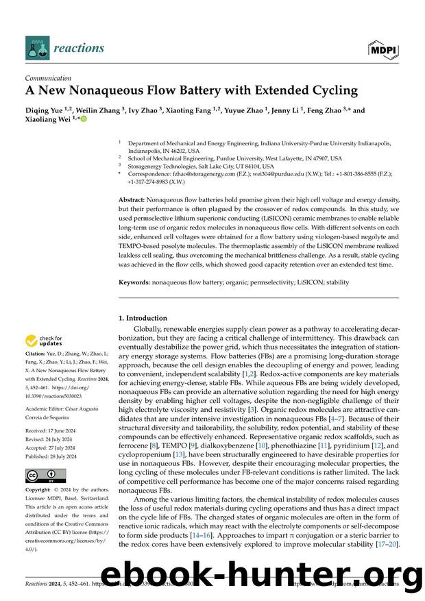 A New Nonaqueous Flow Battery with Extended Cycling by Diqing Yue Weilin Zhang Ivy Zhao Xiaoting Fang Yuyue Zhao Jenny Li Feng Zhao & Xiaoliang Wei