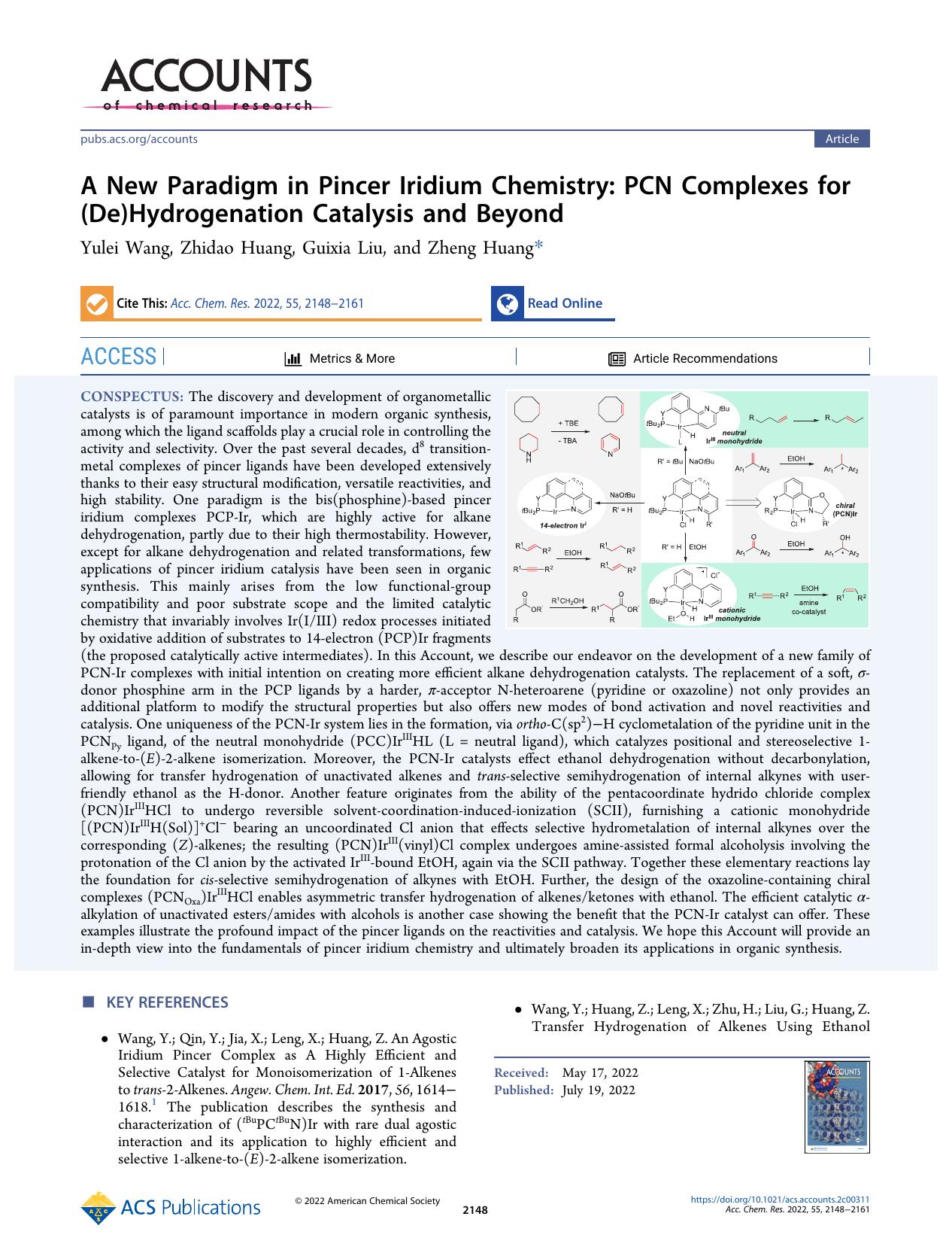 A New Paradigm in Pincer Iridium Chemistry: PCN Complexes for (De)Hydrogenation Catalysis and Beyond by Yulei Wang Zhidao Huang Guixia Liu and Zheng Huang