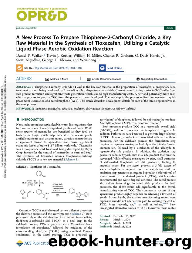 A New Process To Prepare Thiophene-2-Carbonyl Chloride, a Key Raw Material in the Synthesis of Tioxazafen, Utilizing a Catalytic Liquid Phase Aerobic Oxidation Reaction by unknow