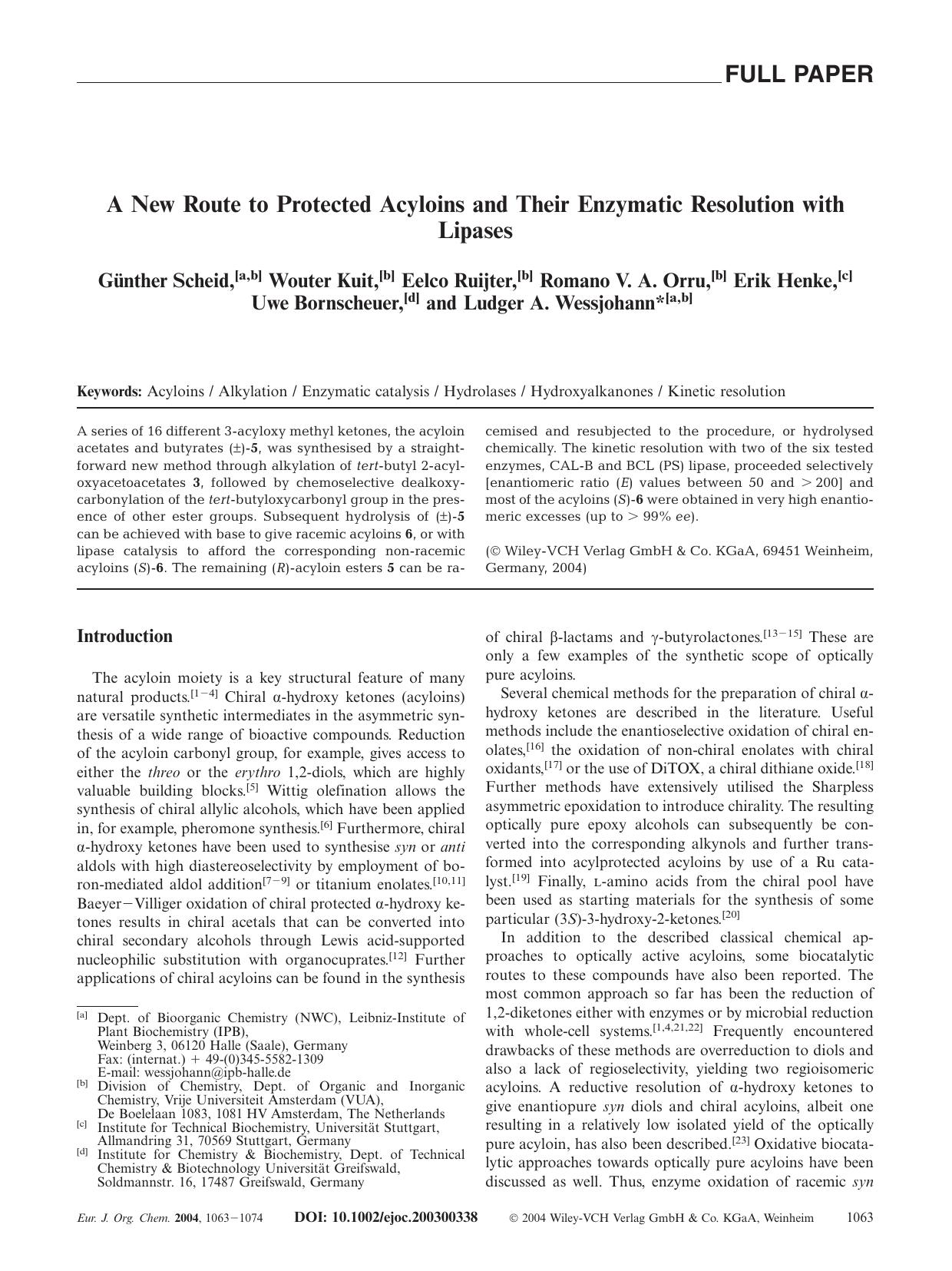 A New Route to Protected Acyloins and Their Enzymatic Resolution with Lipases by Unknown